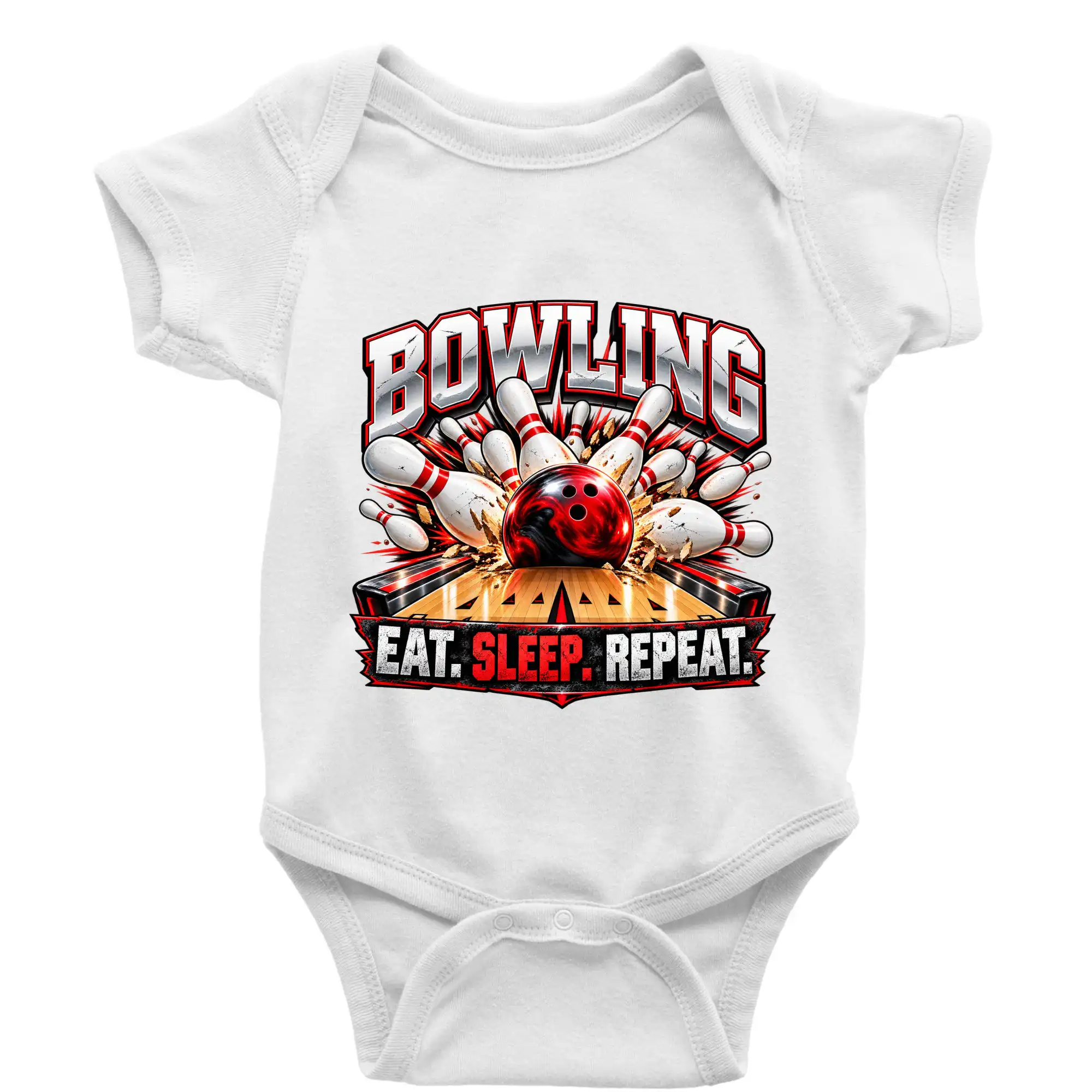 Bowlingová koule a kuželky eat sleep repeat