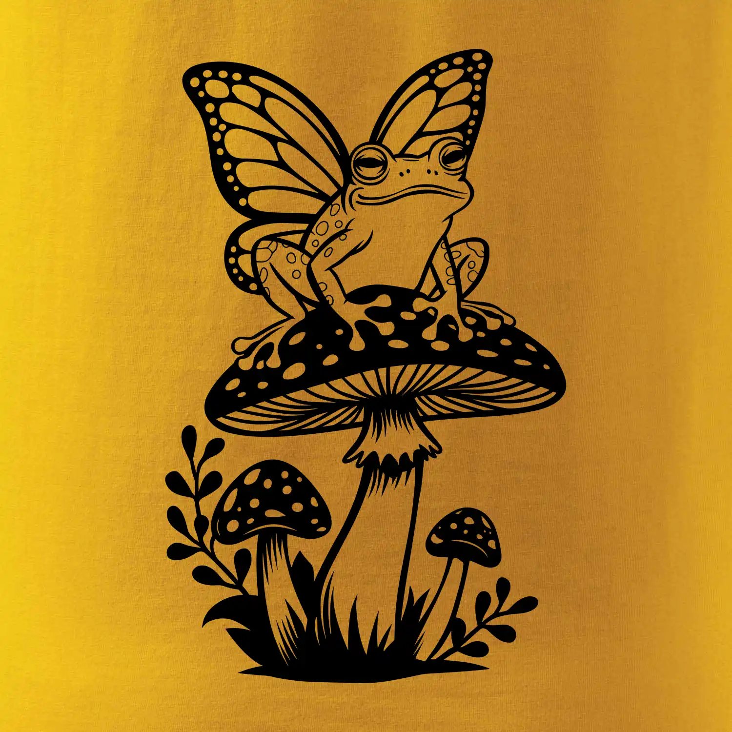 Goblincore černá houba se žábou