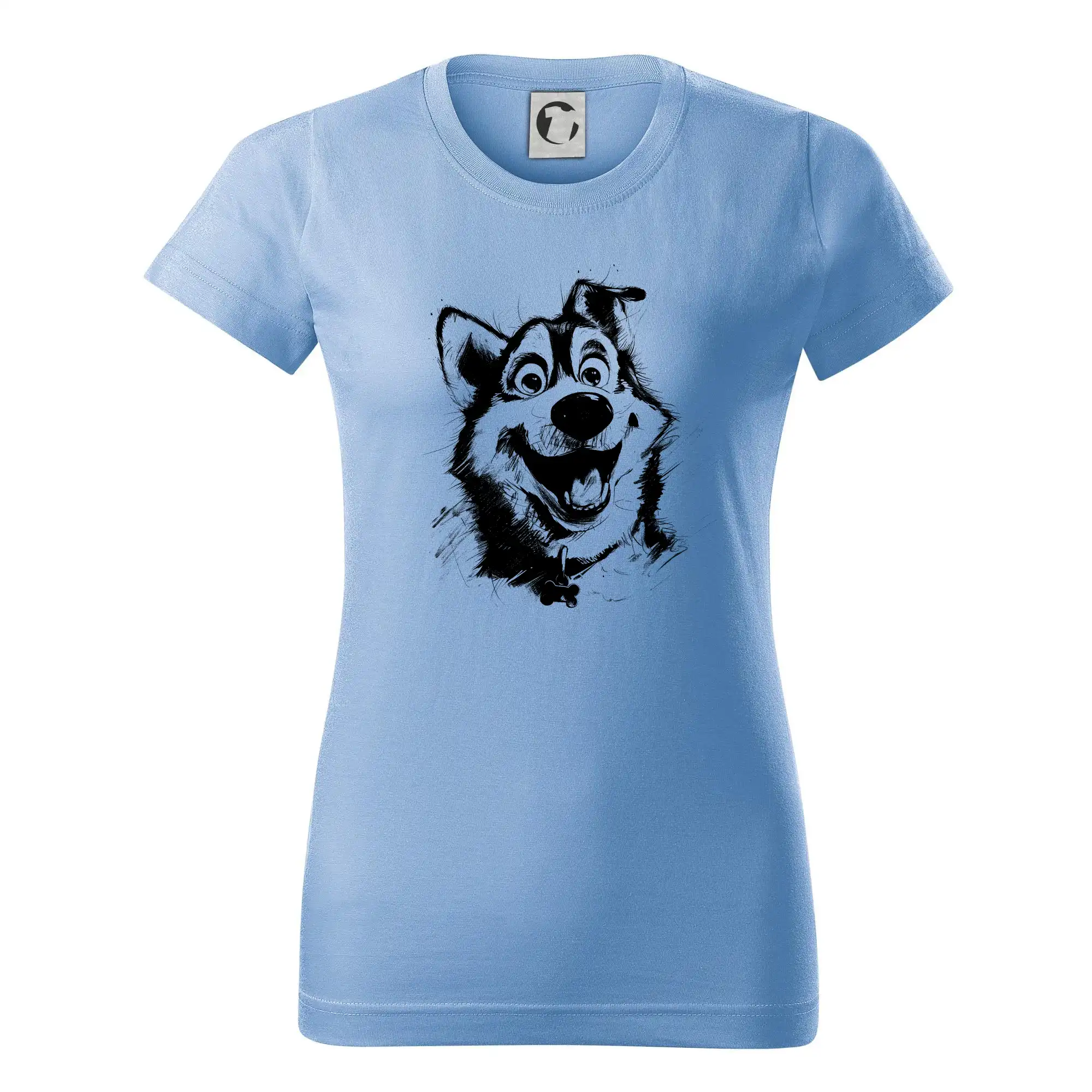 Tričká s motívom Sibírsky husky - Čiernobiela karikatúra husky - Dámske tričko basic - ľahko voľnejšie a dlhšie