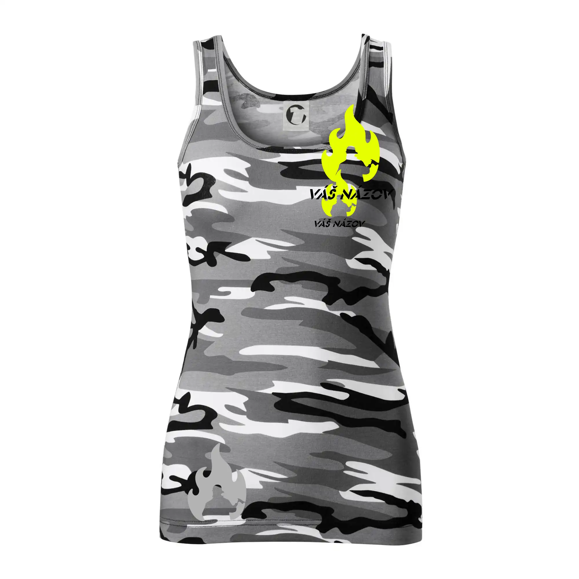 Originálne tričká pre hasičov - Hasiči - oheň - Váš názov - Prsník + chrbát - Maskáčové tielko