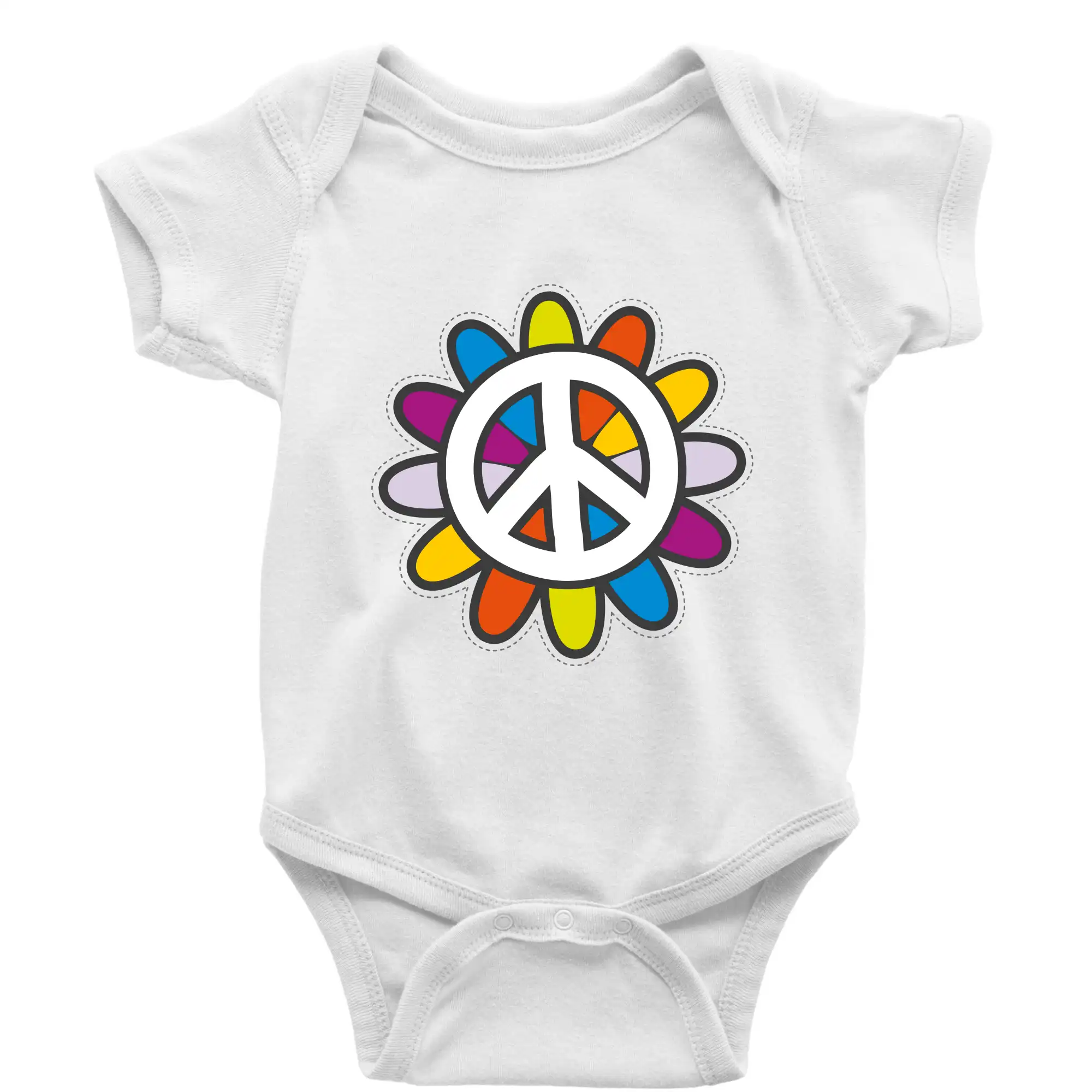 Tričká pre pohodový ľudí - Peace symbol s kreslenou kvetinou - Body dojčenské s krátkym rukávom
