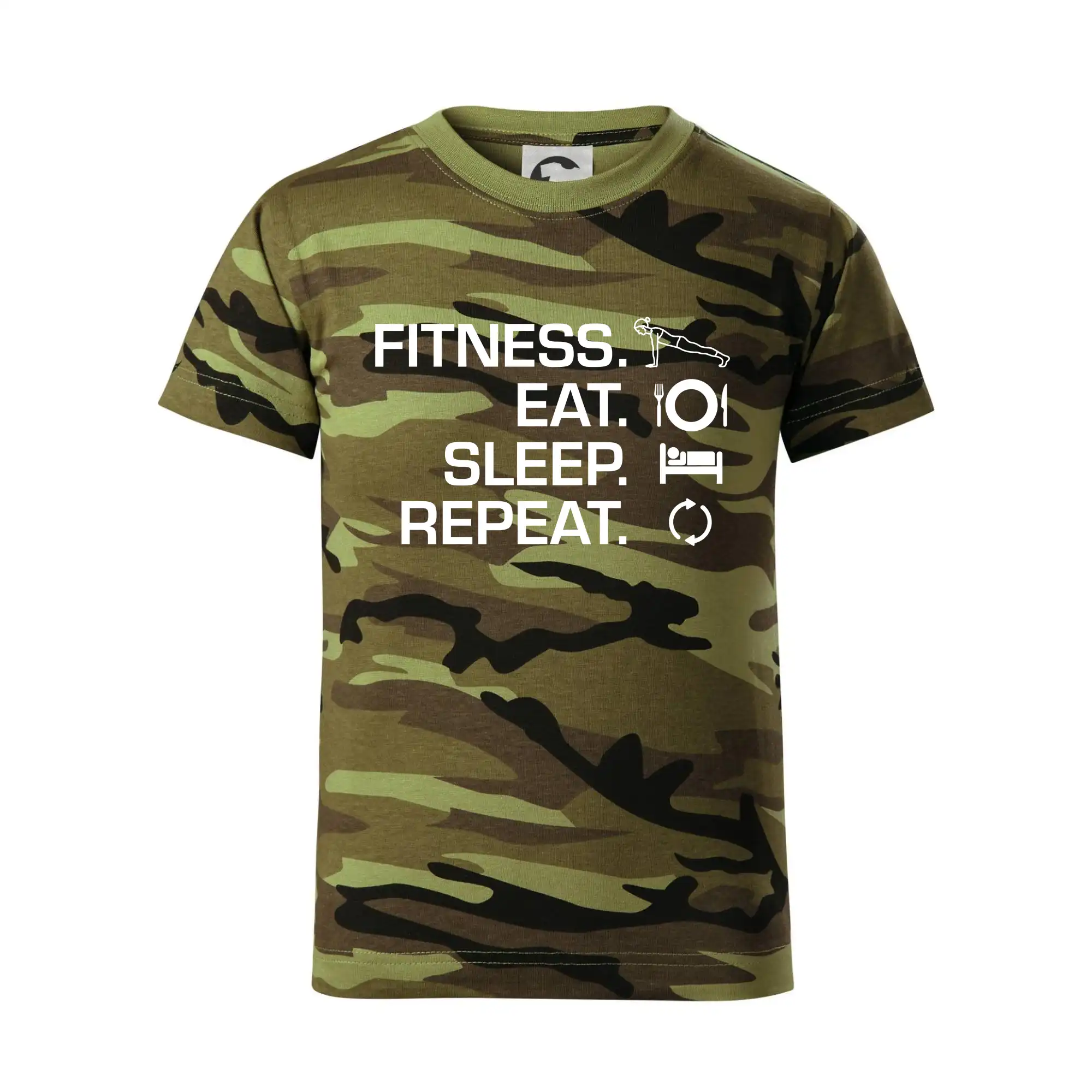 Posilňovani - Fitness Eat Sleep Repeat - Detské maskáčové tričko