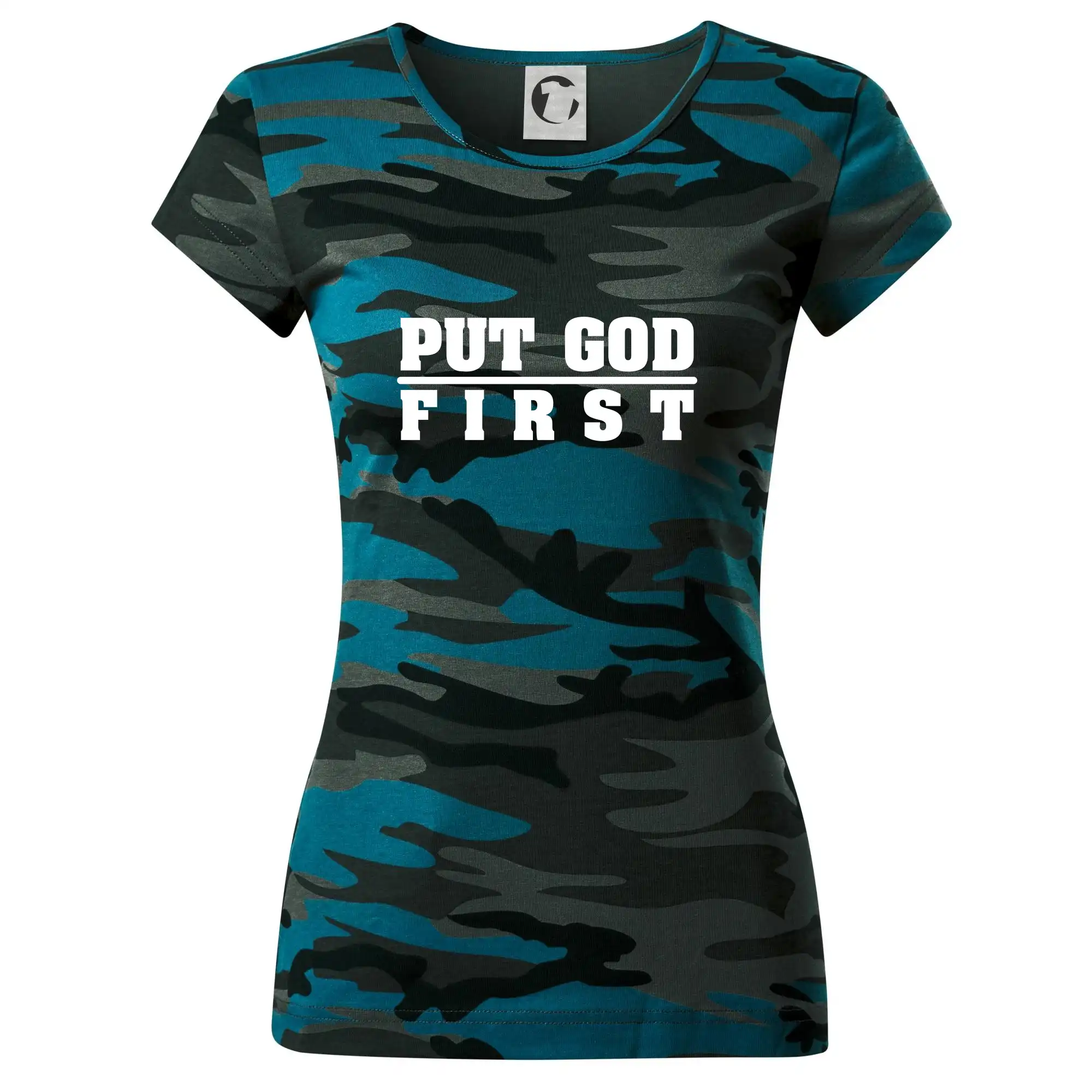 Put God first hrubý nápis - Dámske maskáčové tričko