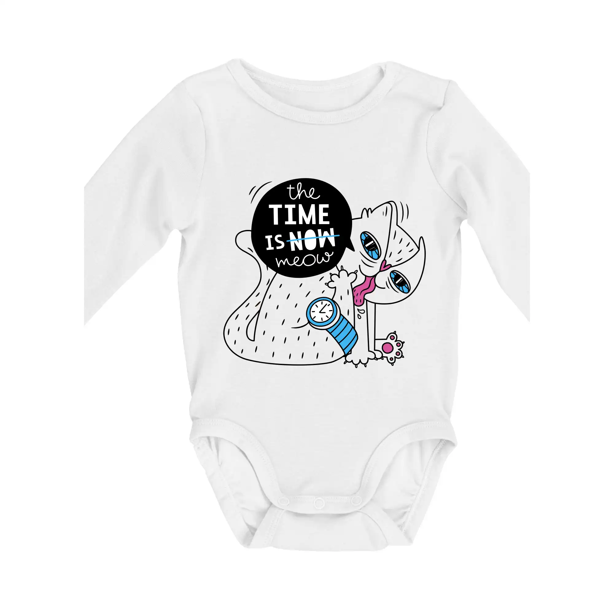 Vtipná tričká s mačkou - The time is meow - Body dojčenské s dlhým rukávom