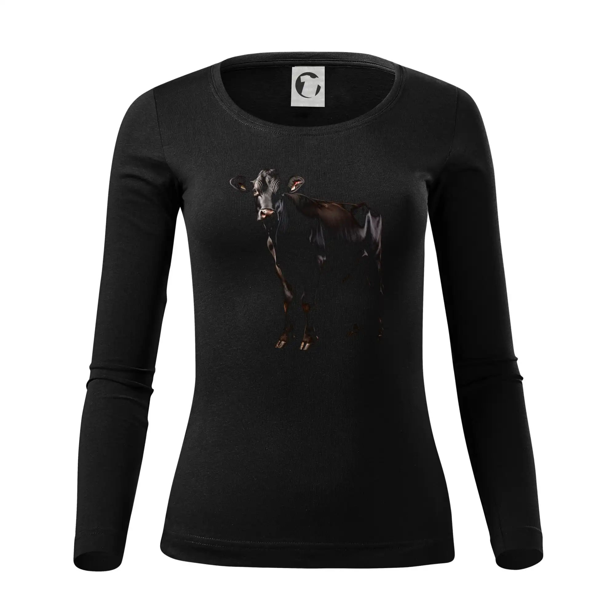 Tričká s kravou - Čierna krava čierna fotka - Dámske tričko FIT-T LS - zužené