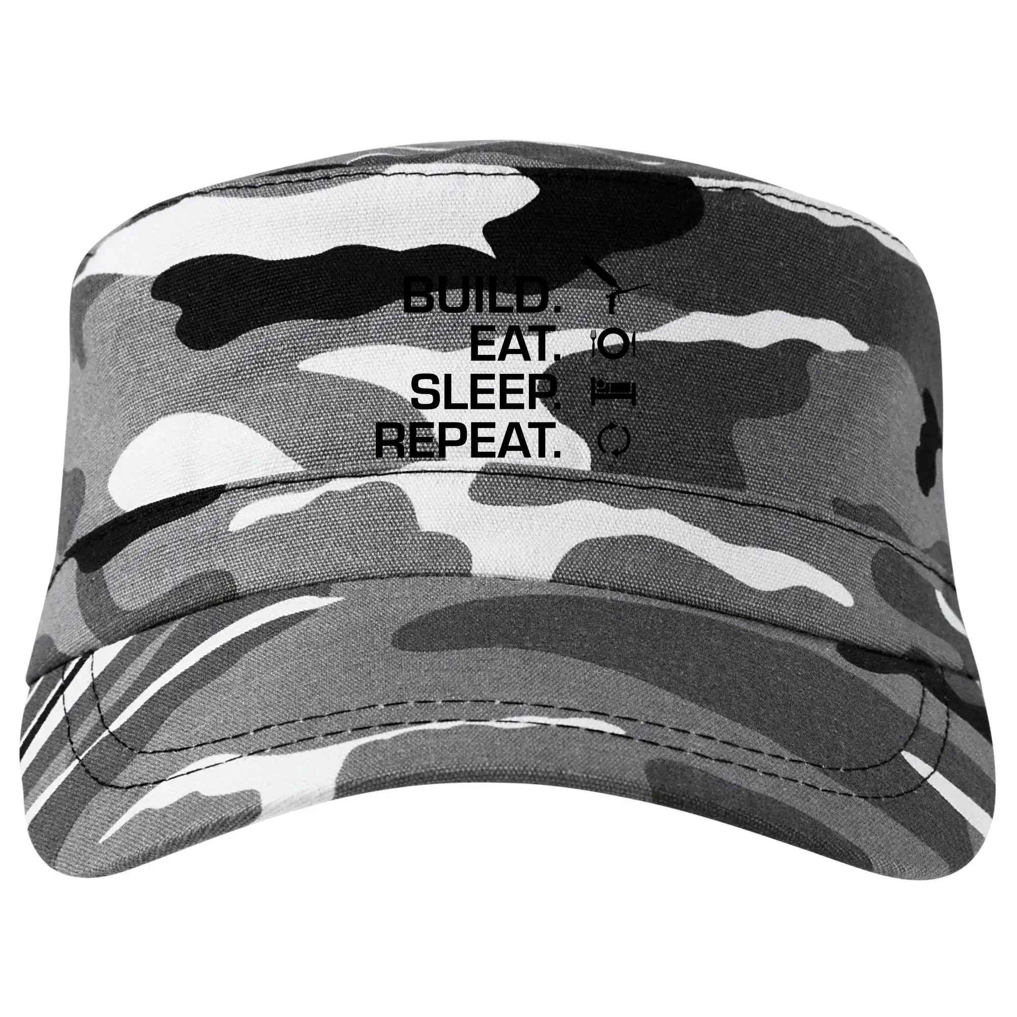 Vtipné tričká pre murárov - Build eat sleep repeat - montážna pena - Šiltovka CAMO