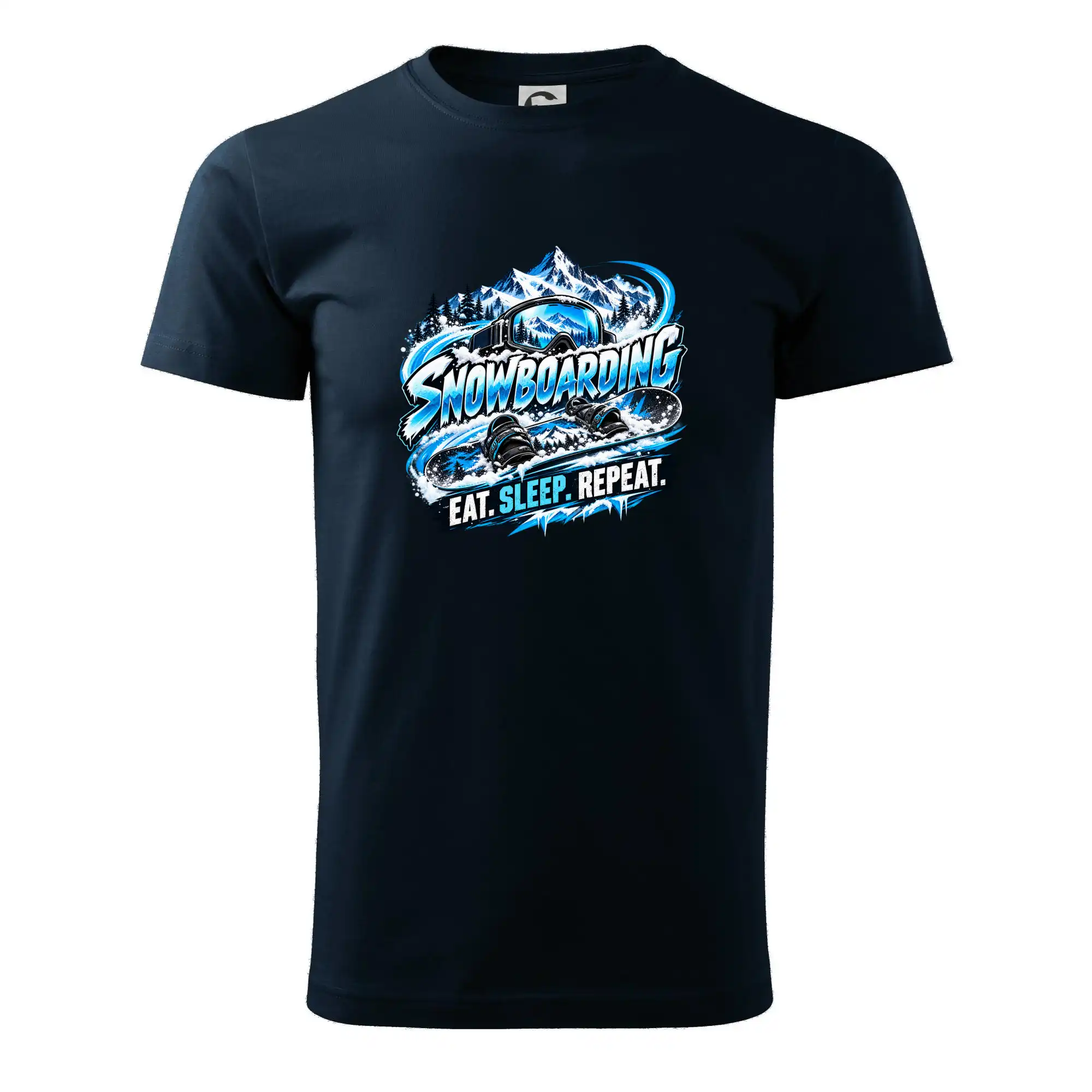 Snowboard s horským sněhem eat sleep repeat