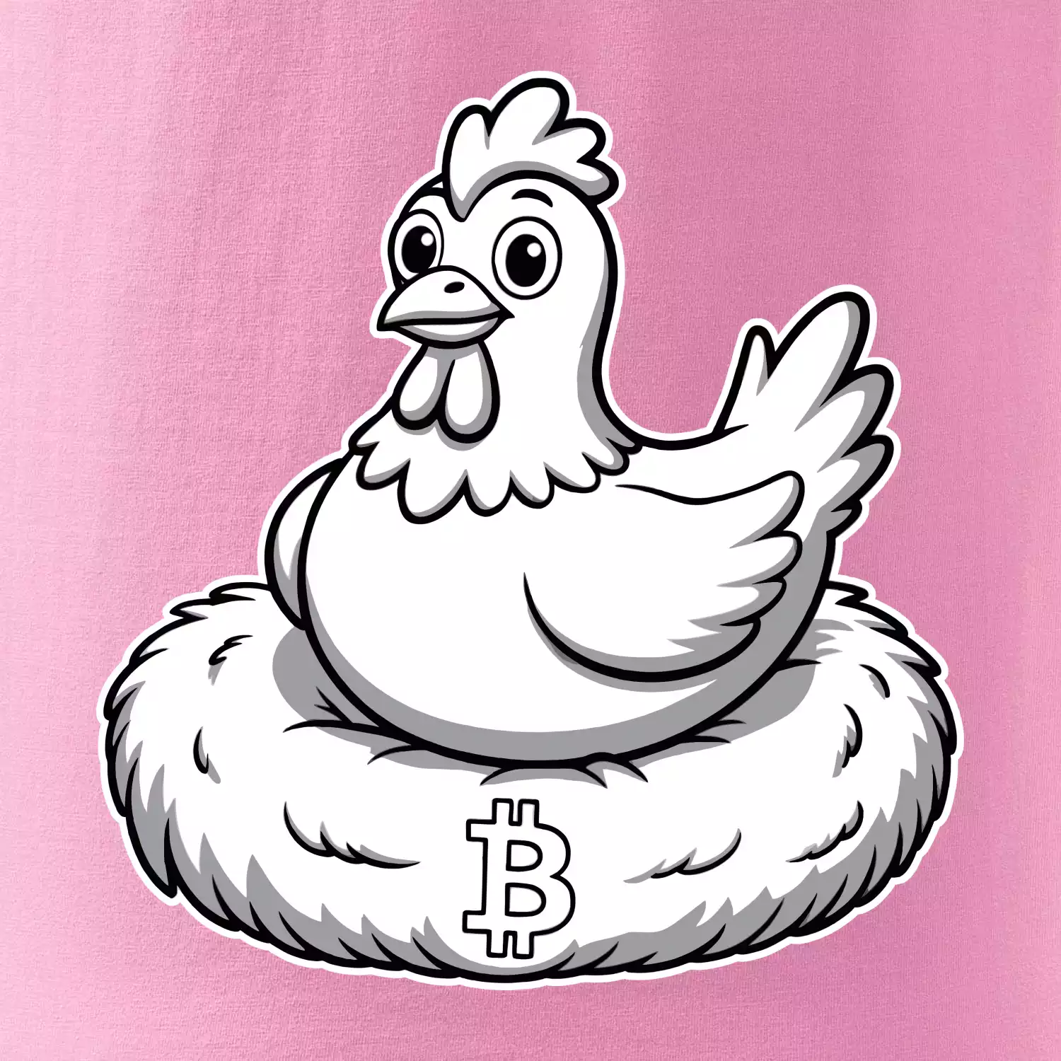 Kuře sedící na bitcoinovém hnízdě
