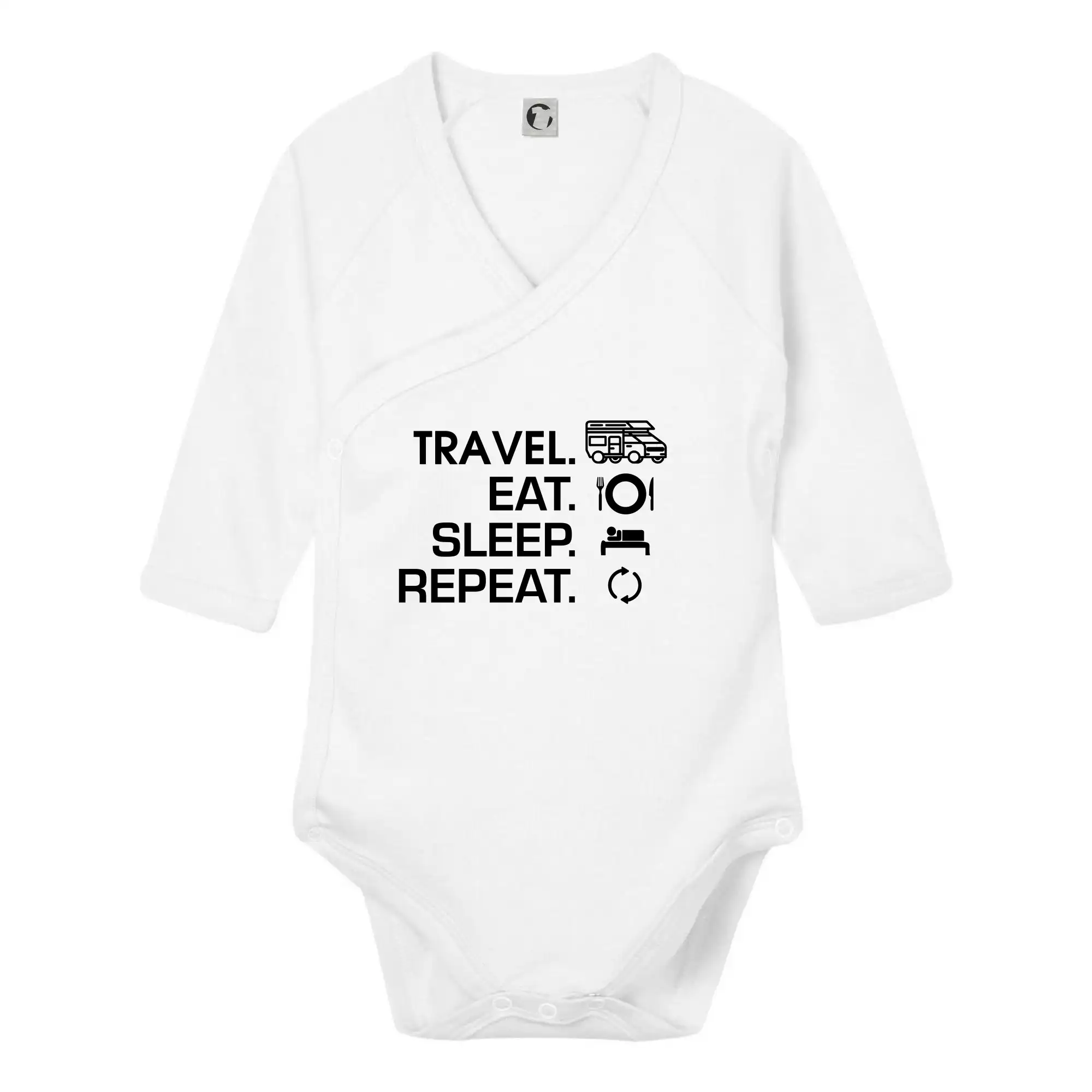 Trička na kempovanie - Eat sleep travel - alkovna - Body zavinovacie s dlhým rukávom