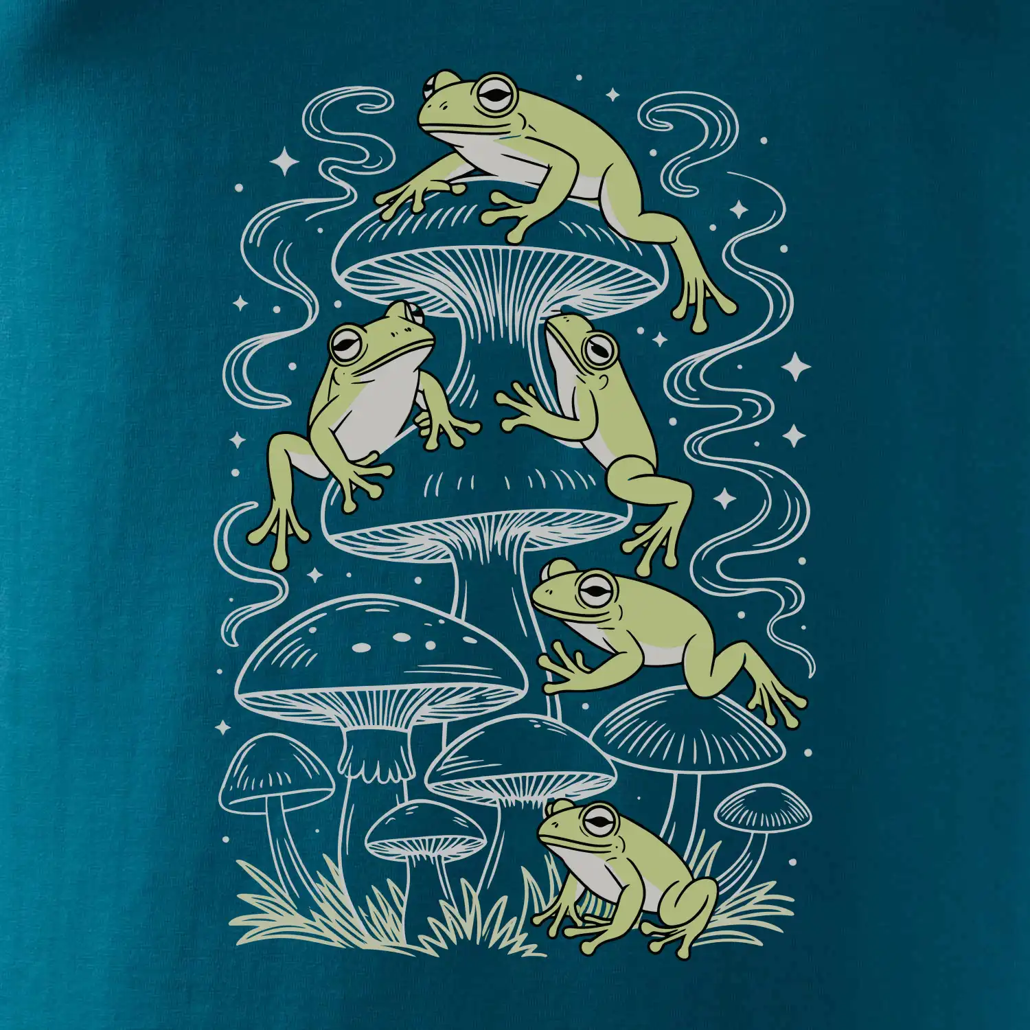 Goblincore frogs and various mushrooms