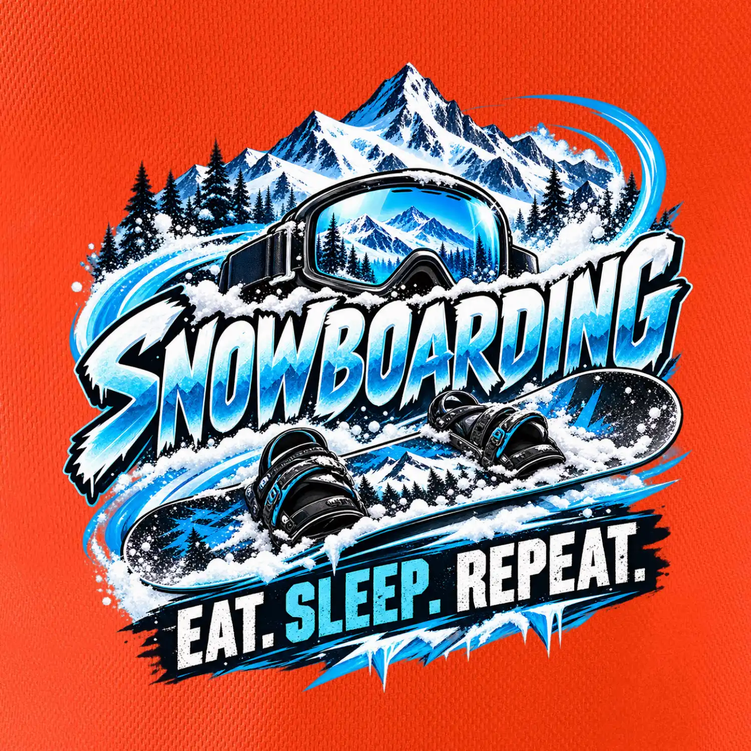 Snowboard s horským sněhem eat sleep repeat