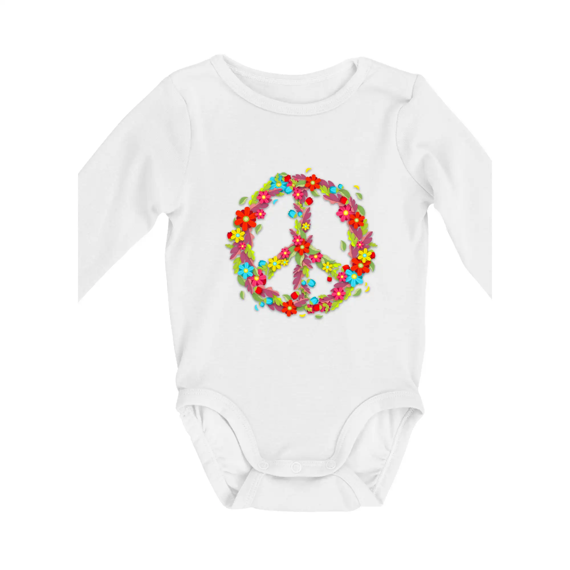 Tričká pre pohodový ľudí - Peace symbol červené kvety - Body dojčenské s dlhým rukávom