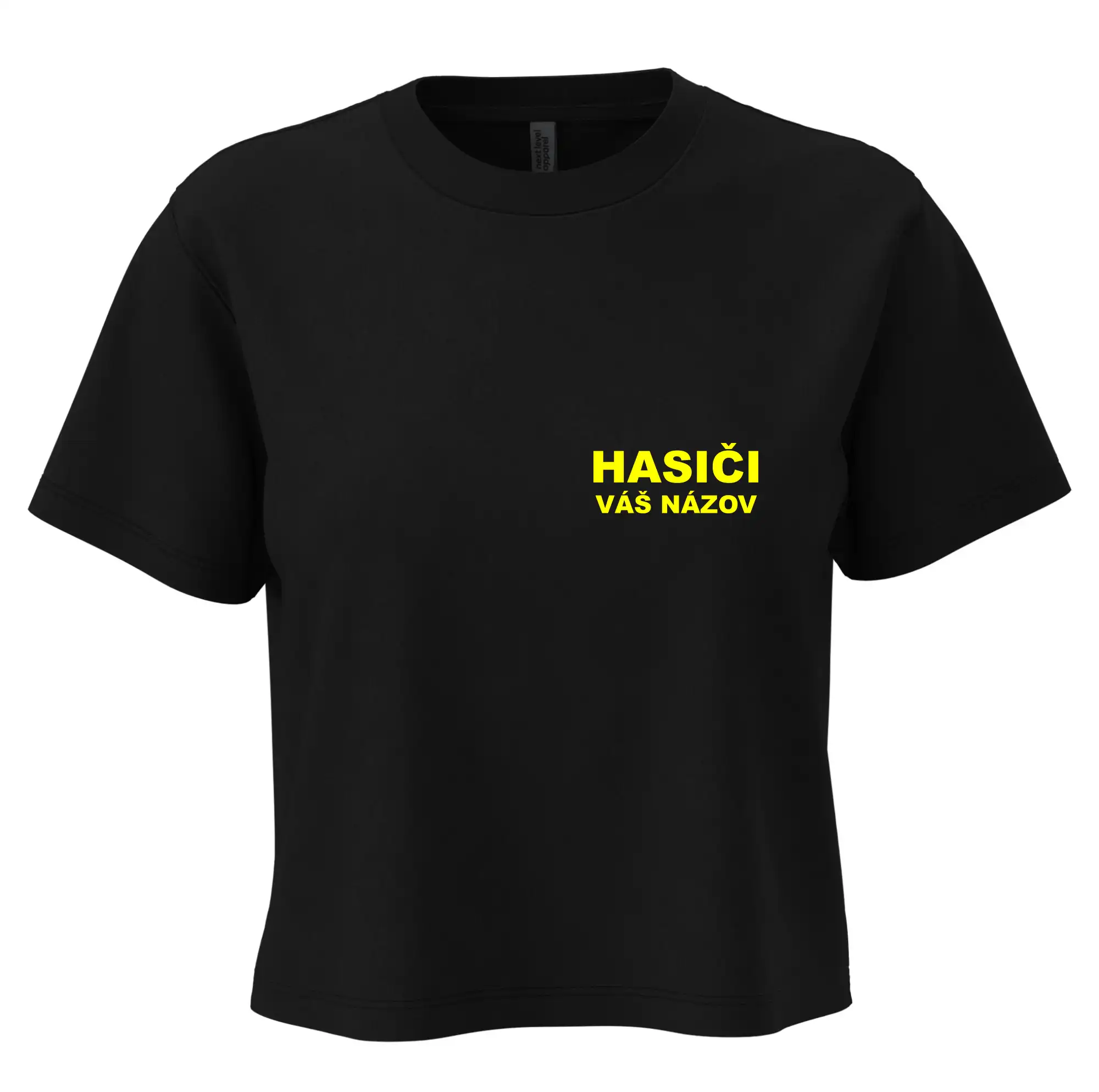 Originálne tričká pre hasičov - Hasiči - žltý nápis - váš názov zboru - Boxy cropped tričko OVERSIZE