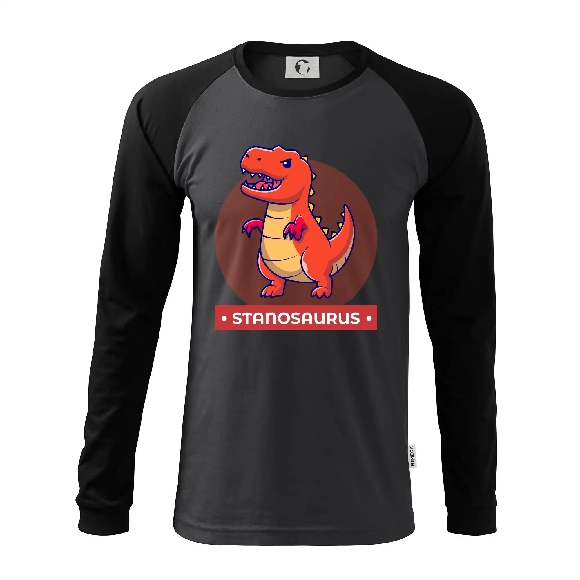 Detské tričká, mikiny a body s originálnymi potlačami | Veselé motívy pre chlapcov aj dievčatá - Dinosaurie mená - oranžový dinosaurus - Pánske tričko s dlhým rukávom LS130