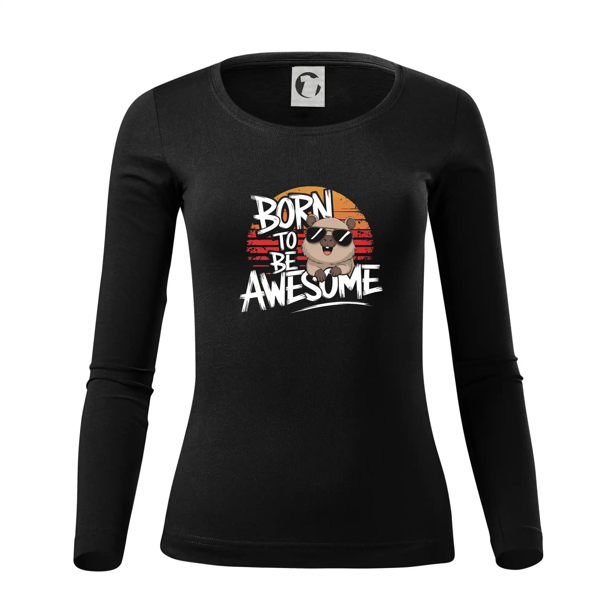 Tričká so zvieratami - Capybara born be awesome nápis uprostred - Dámske tričko FIT-T LS - zužené
