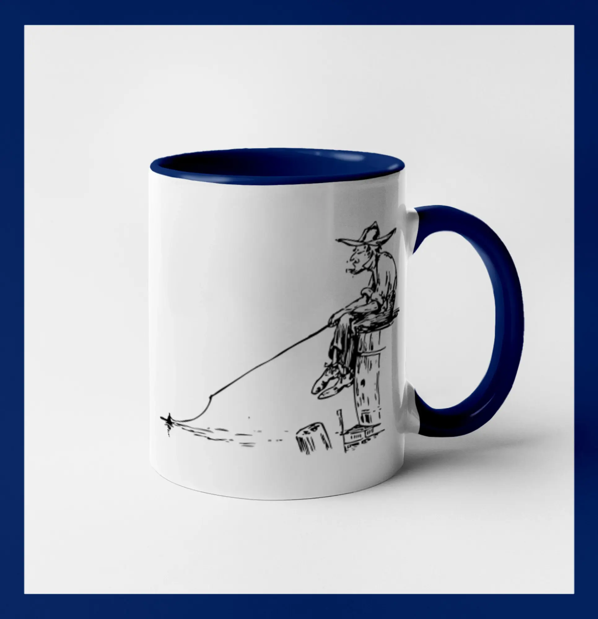 Kreslený rybár na pni