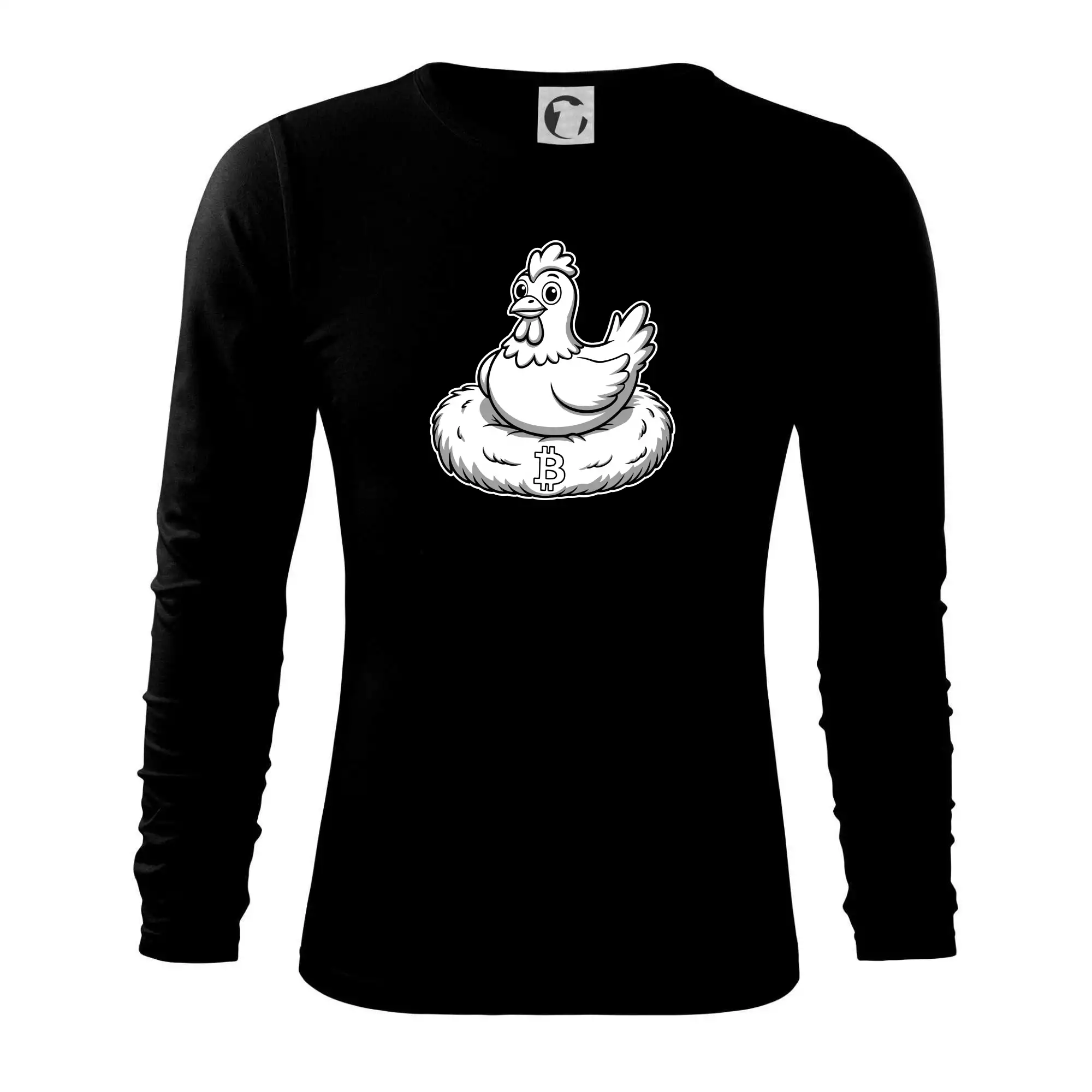 Kuře sedící na bitcoinovém hnízdě