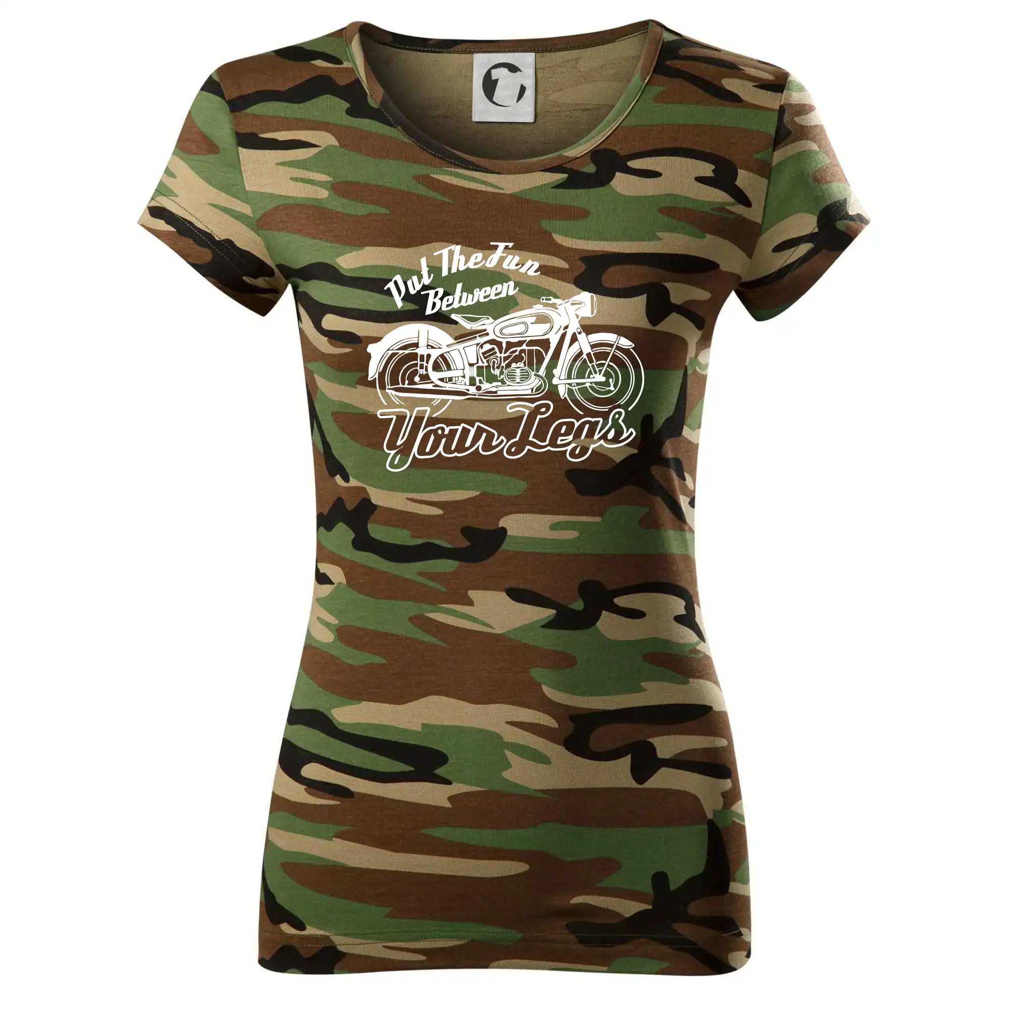 Tričká a mikiny s potlačou motoriek – pre pravých motorkárov - Put The Fun Between Your Legs Moto - Dámske maskáčové tričko