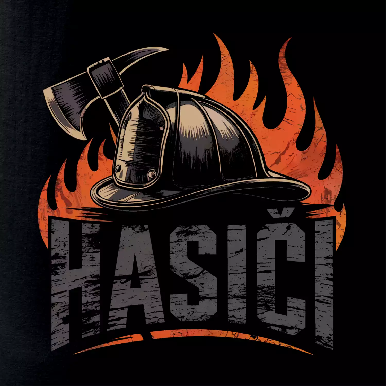Nápis Hasiči, helma a oheň