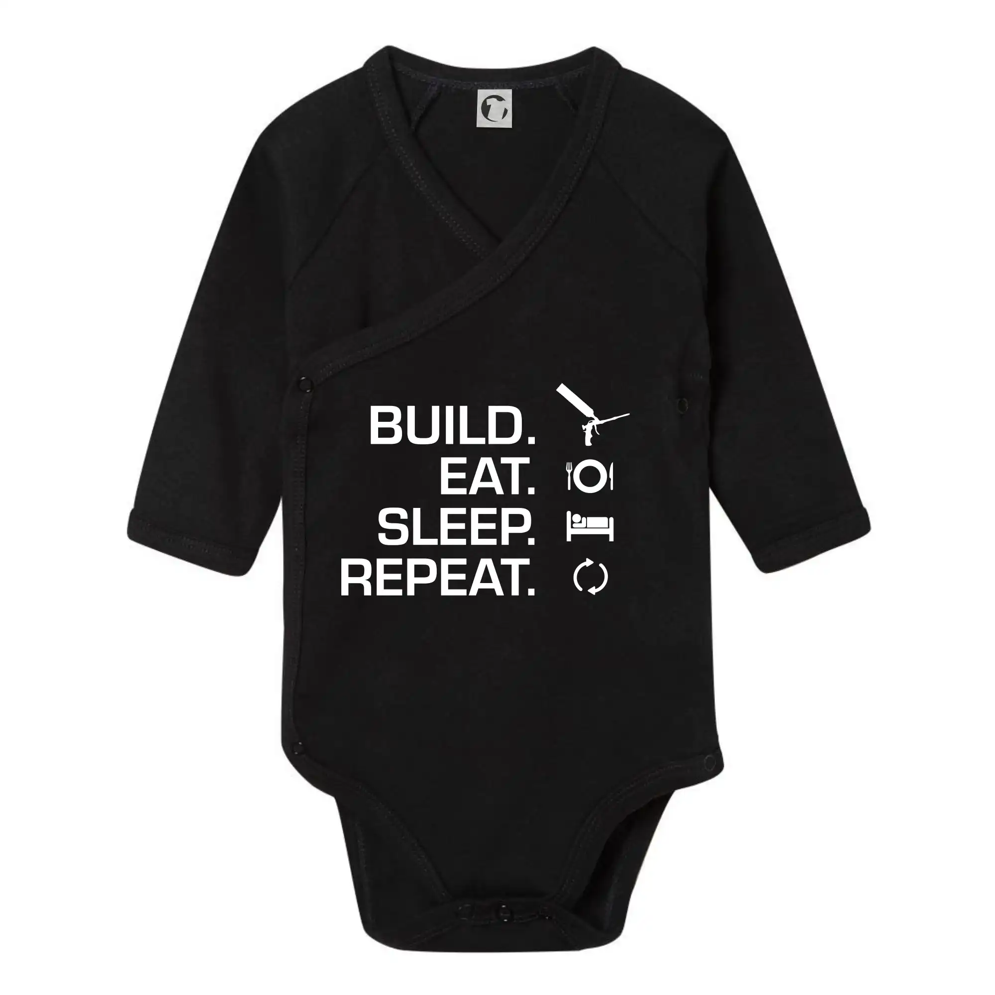 Vtipné tričká pre murárov - Build eat sleep repeat - montážna pena - Body zavinovacie s dlhým rukávom