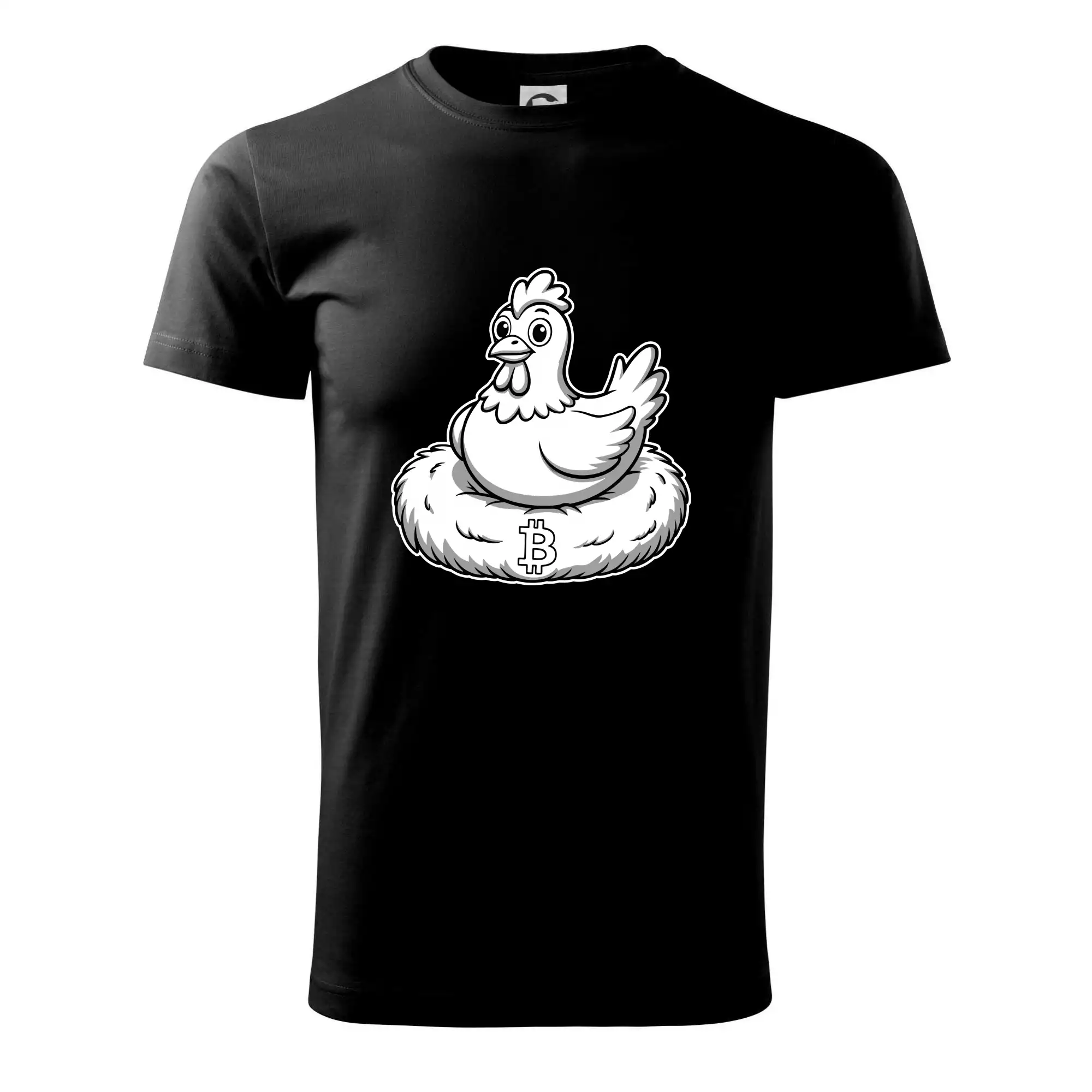 Kuře sedící na bitcoinovém hnízdě