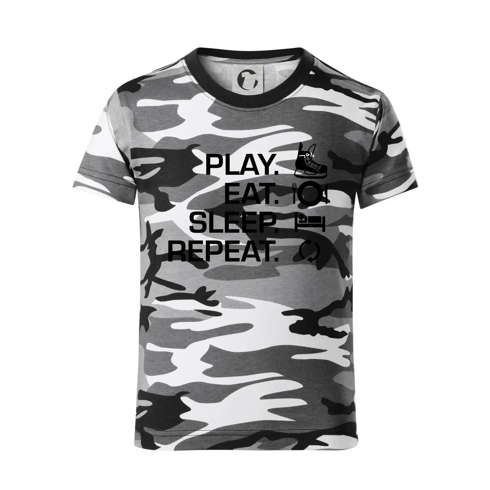 Hokejová trička - Play Eat Sleep Repeat hokej - Detské maskáčové tričko