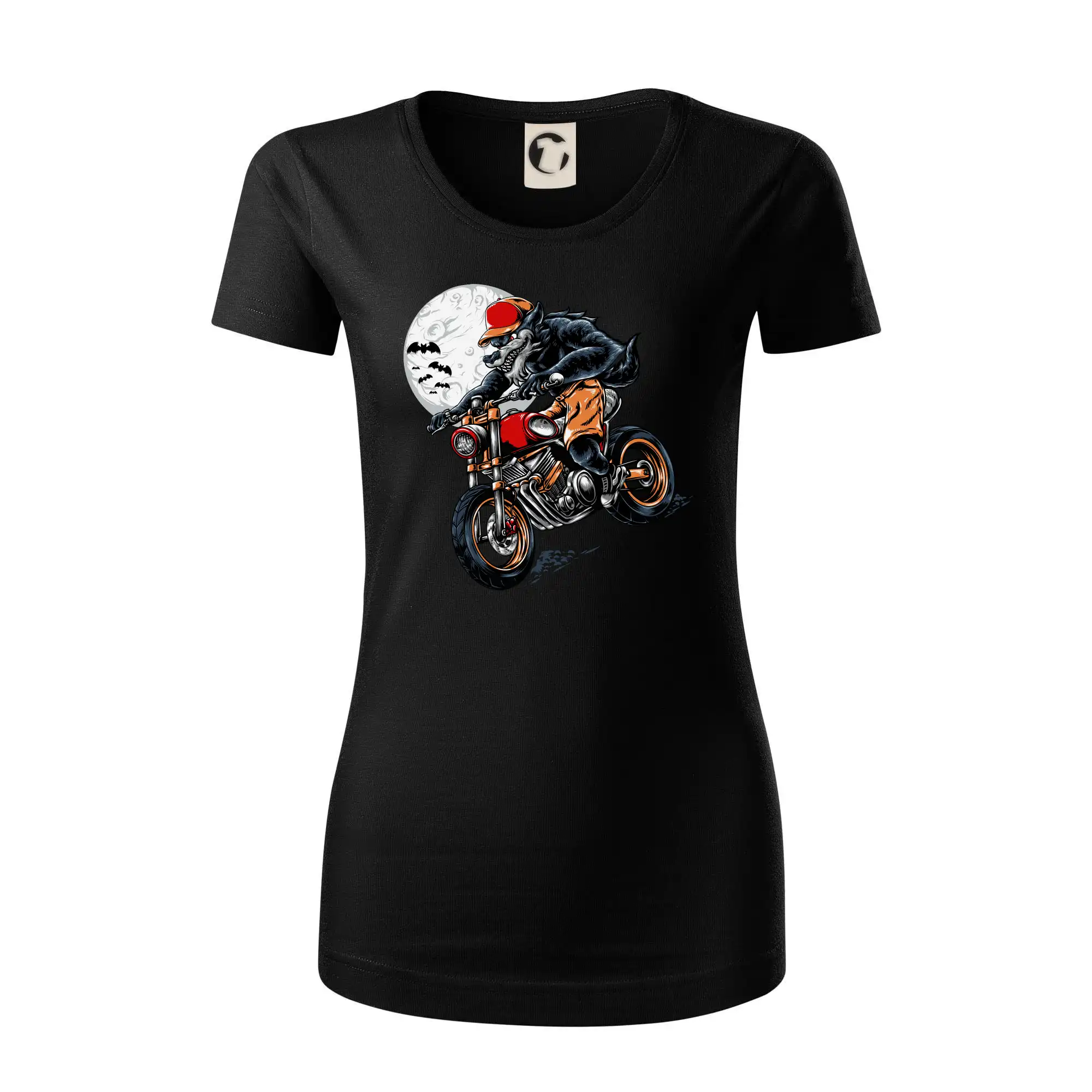 Kreslený vlk na motorce