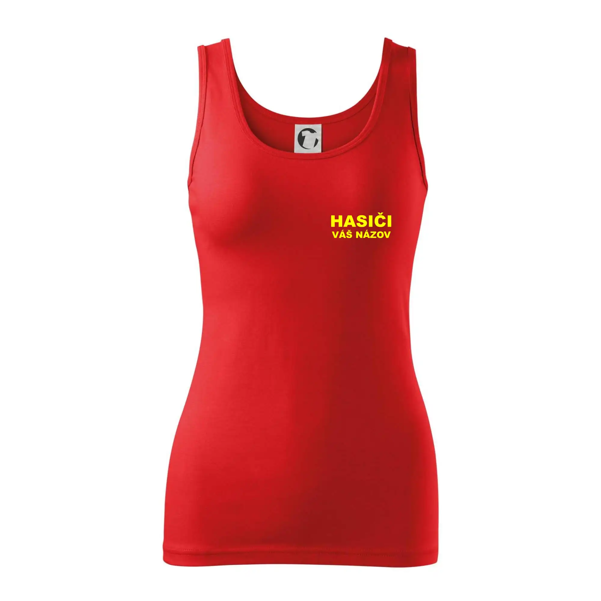 Originálne tričká pre hasičov - Hasiči - žltý nápis - váš názov zboru - Dámske tielko