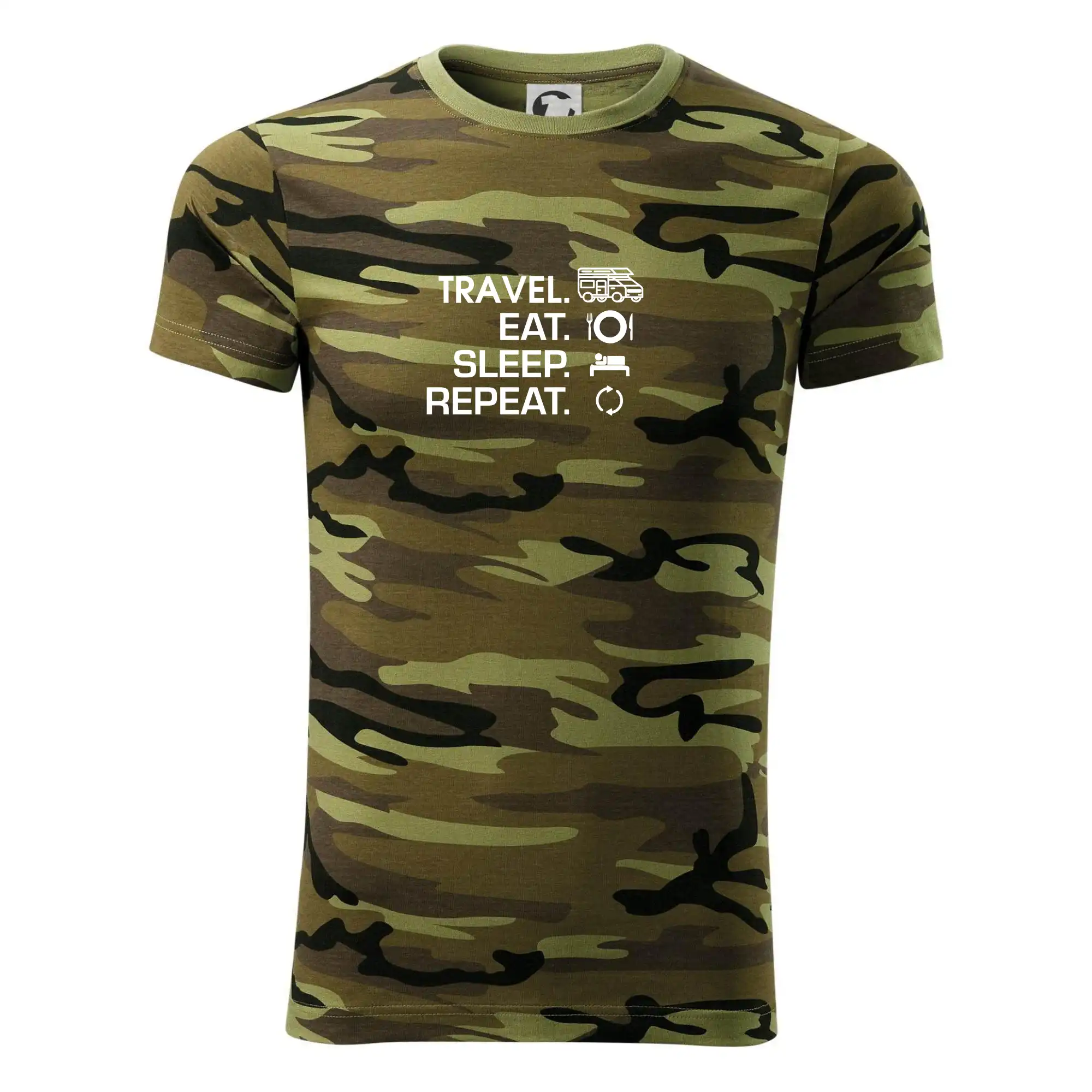 Trička na kempovanie - Eat sleep travel - alkovna - Army CAMOUFLAGE