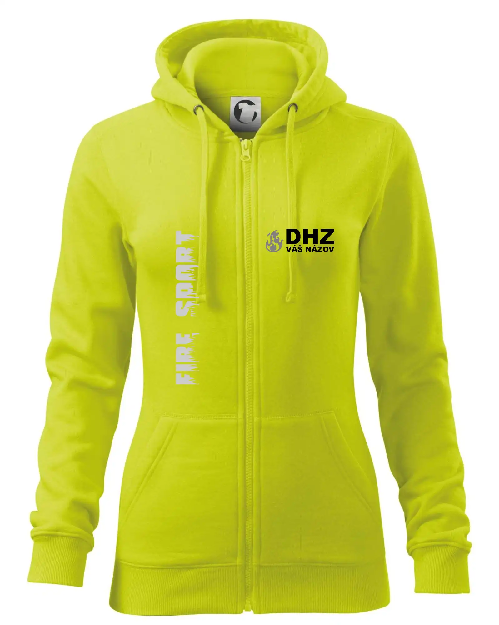 Originálne tričká pre hasičov - DHZ REFLEXNÉ (oheň, firesport, názov zboru - vlastný nápis) - Mikina dámska trendy zipper s kapucňou