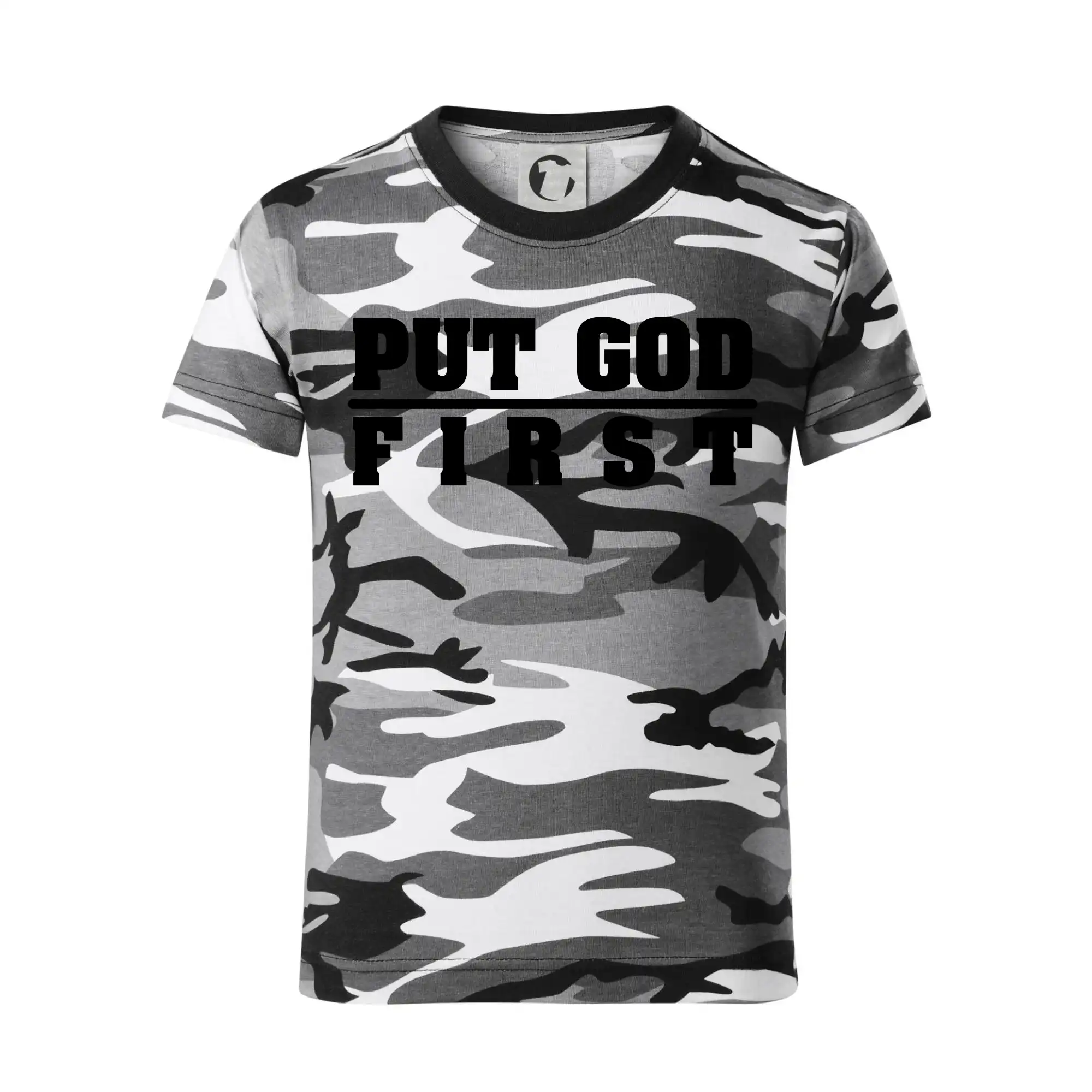 Put God first hrubý nápis - Detské maskáčové tričko