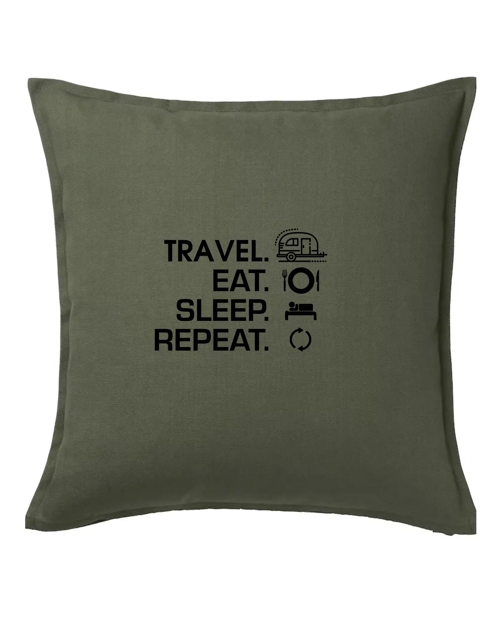 Trička na kempovanie - Eat sleep travel - Malý príves - Vankúš 50x50