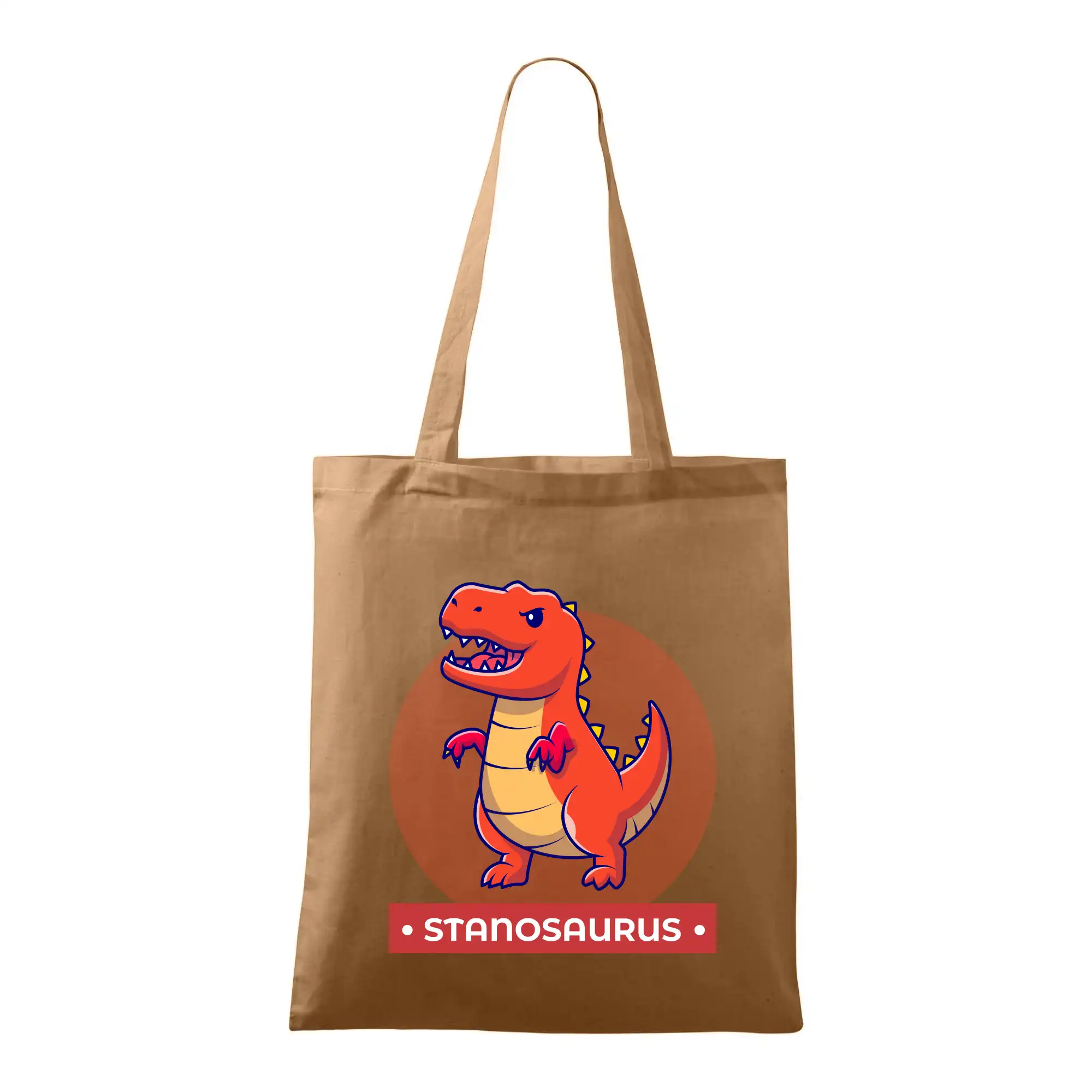 Detské tričká, mikiny a body s originálnymi potlačami | Veselé motívy pre chlapcov aj dievčatá - Dinosaurie mená - oranžový dinosaurus - Taška bavlnená