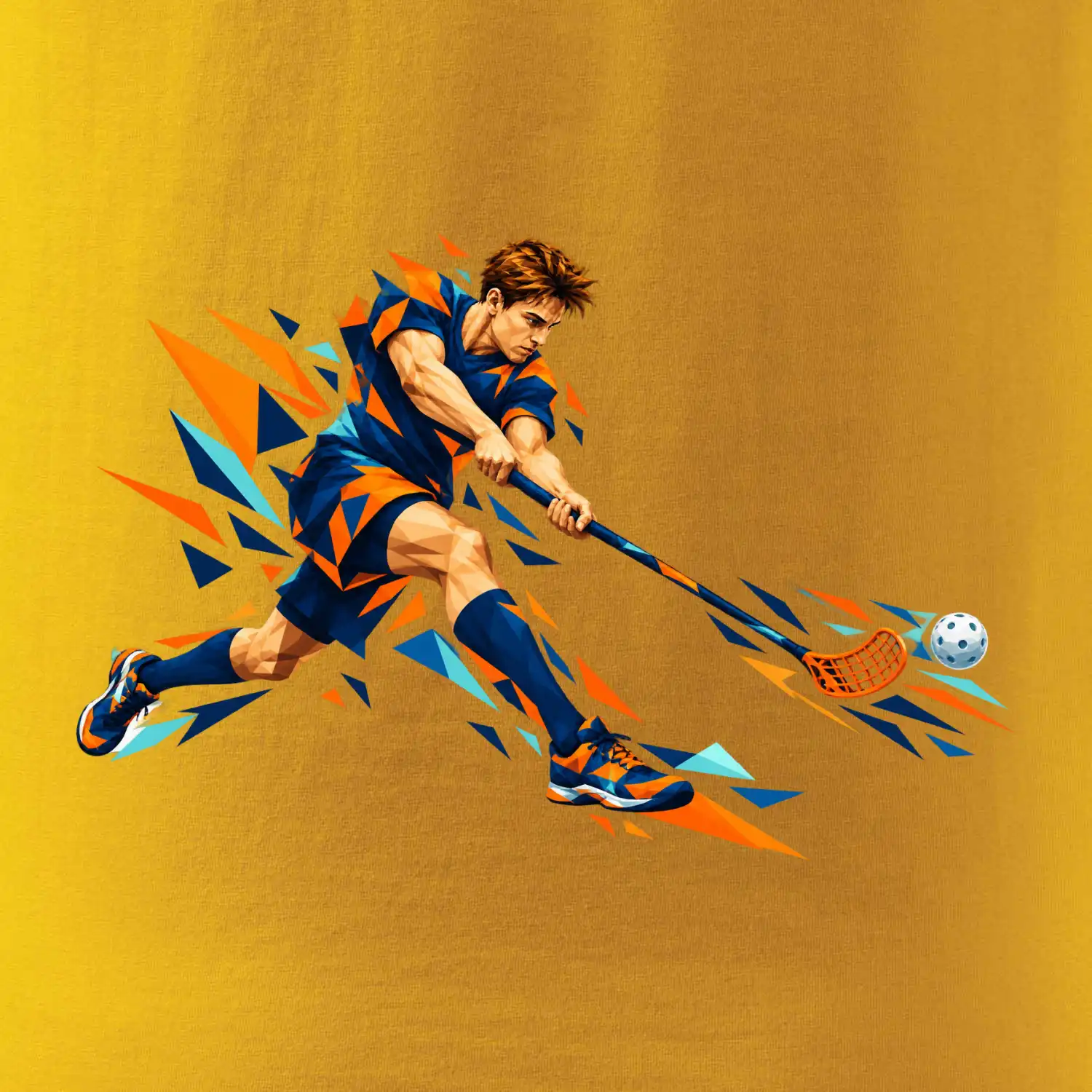 Florbalový útočník v oranžových polygonech