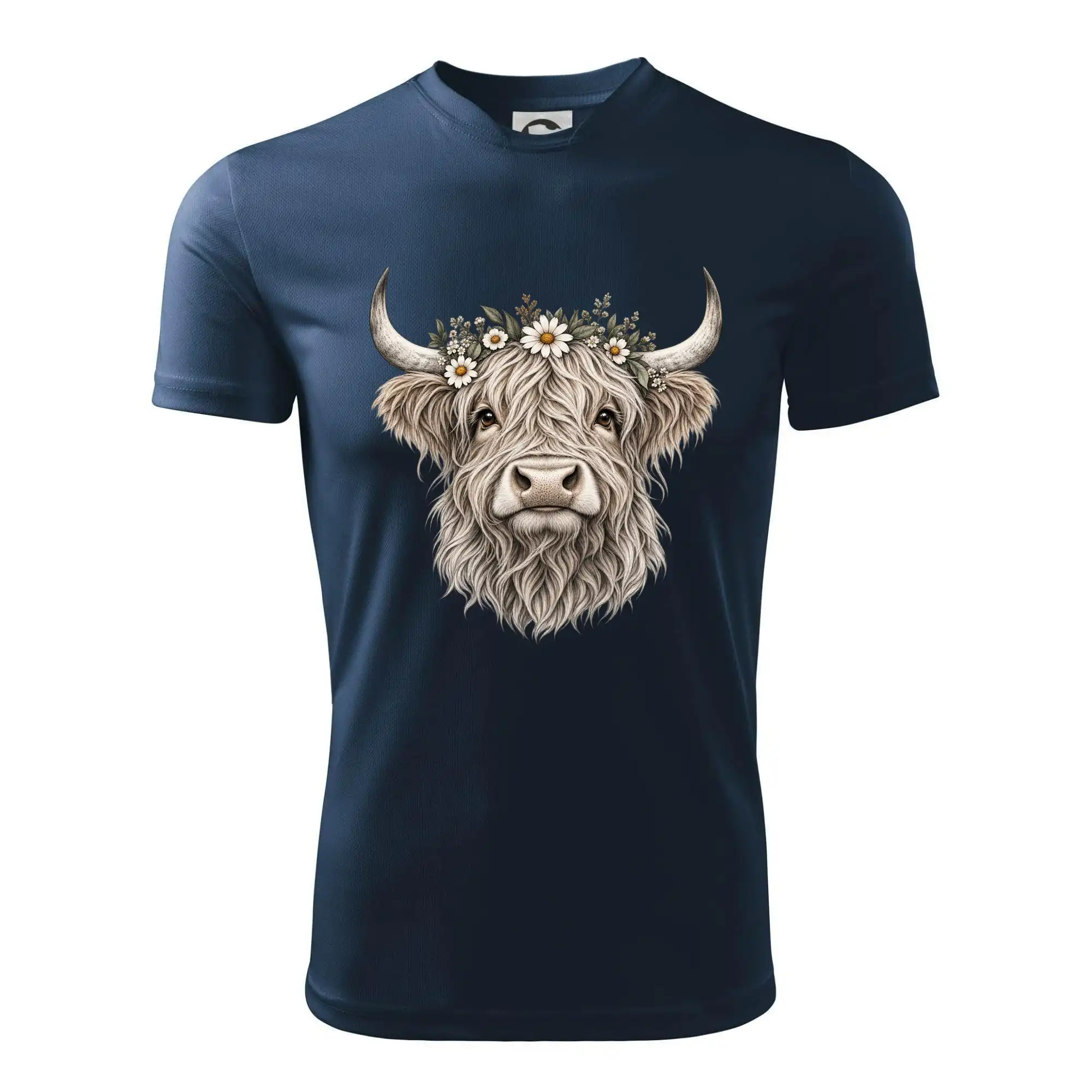 Highlandská kráva s květinami