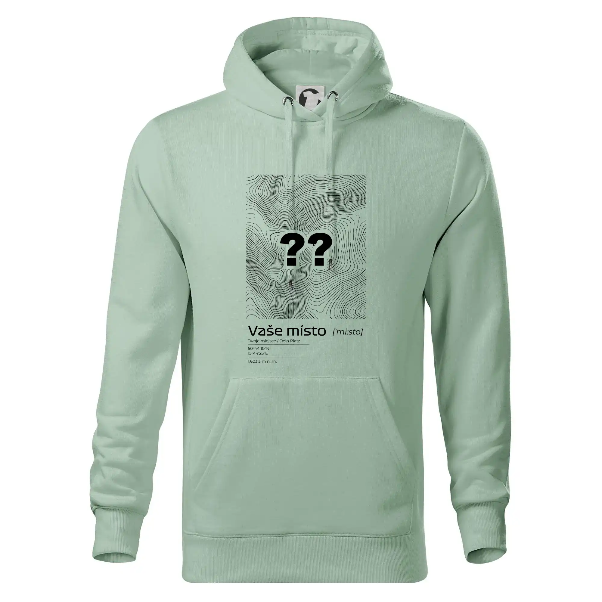 Tričká s vrstevnicami – originálne horské motívy - Vaše miesto - vrstevnice v obdĺžniku - Mikina pánska Cape s kapucňou