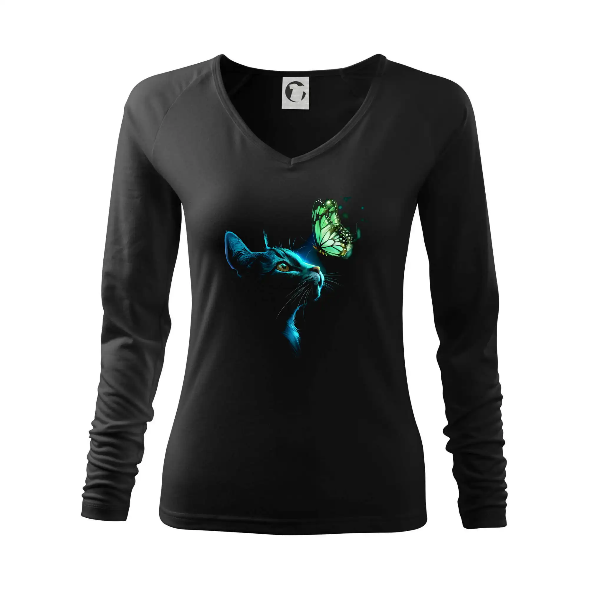 Vtipná tričká s mačkou - Mačka v tme a motýľ - Tričko dámske Elegance
