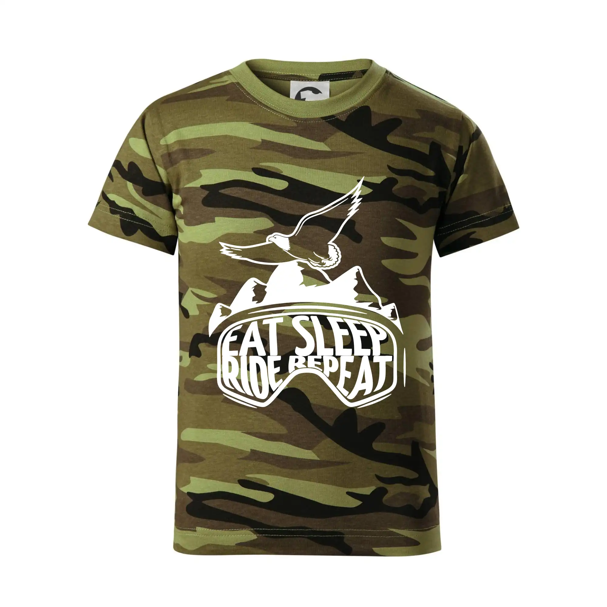 Lyže a Snowboard - Eat sleep ride repeat - hory - Detské maskáčové tričko