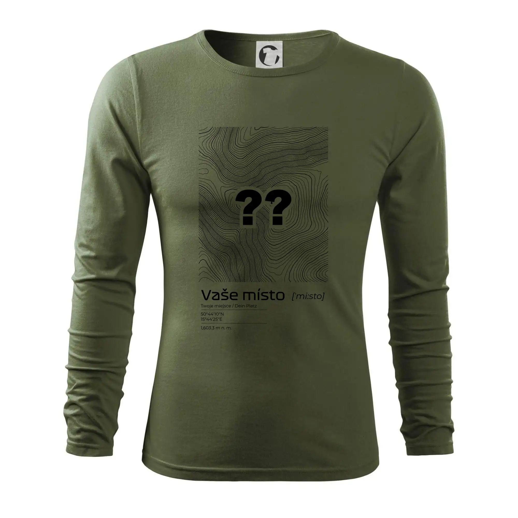 Tričká s vrstevnicami – originálne horské motívy - Vaše miesto - vrstevnice v obdĺžniku - Tričko s dlhým rukávom FIT-T long sleeve