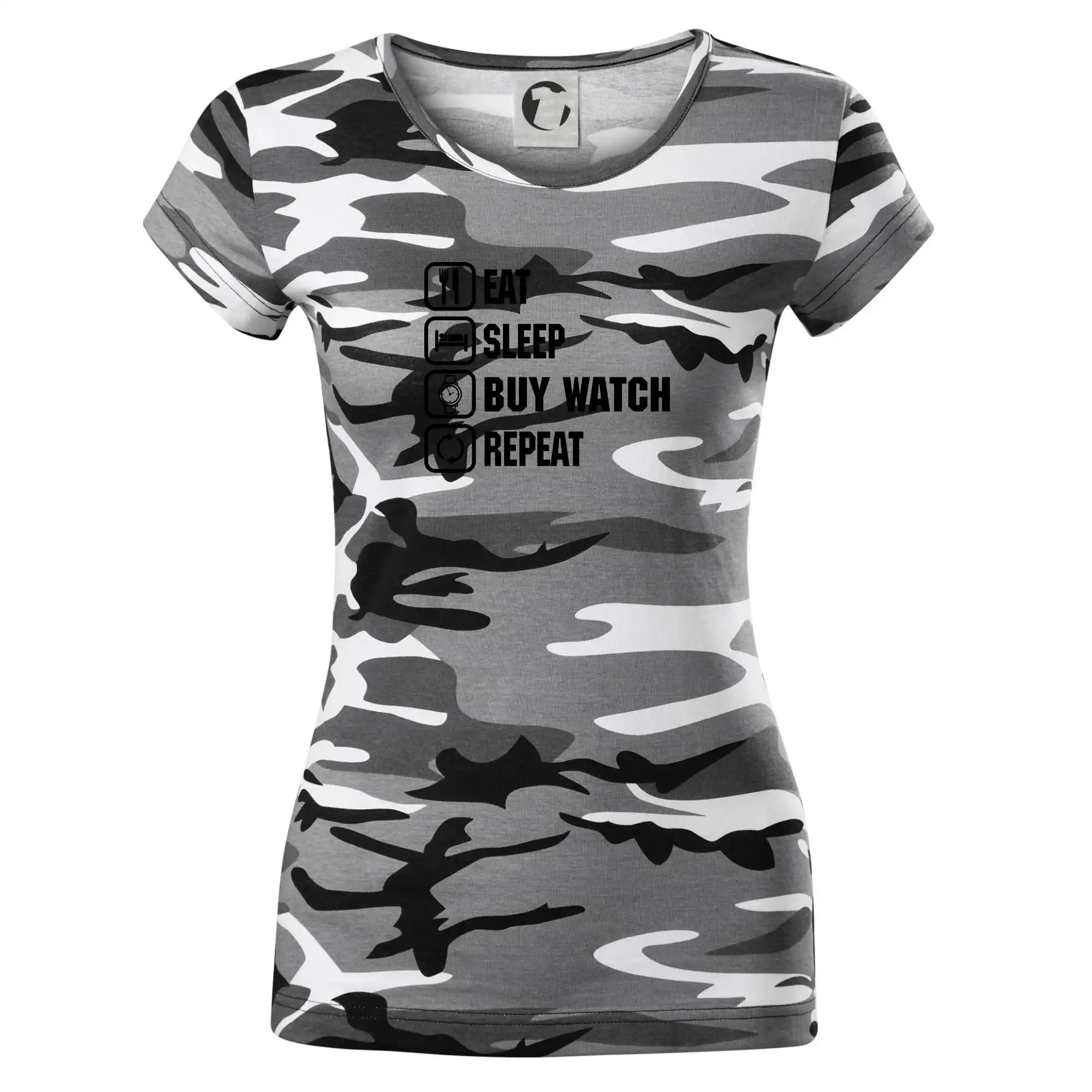 Eat sleep repeat - Eat Sleep Buy watch Repeat - Dámske maskáčové tričko