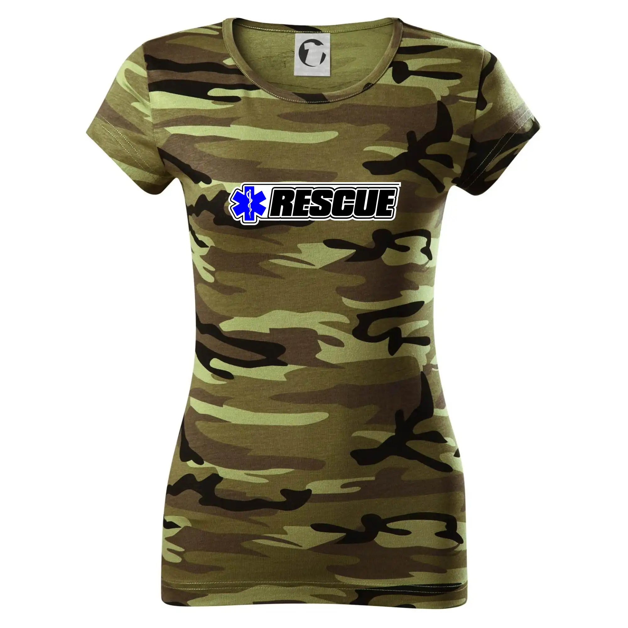 Tričká a mikiny pre záchranárov a lekárov - Kvalitné oblečenie pre zdravotníkov - Záchranár rescue kríž modrý - Dámske maskáčové tričko