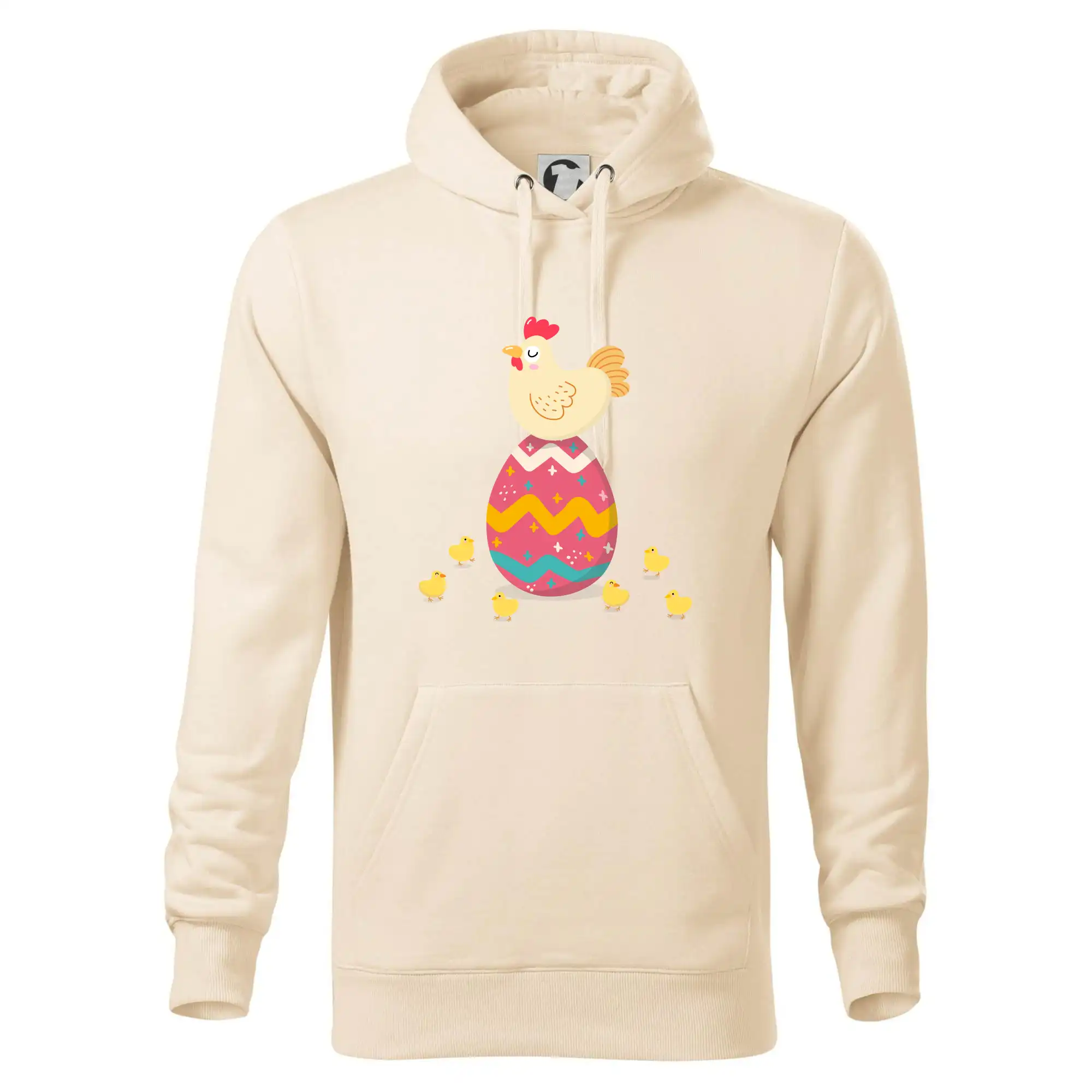 Slepice sedící na velikonočním vejci