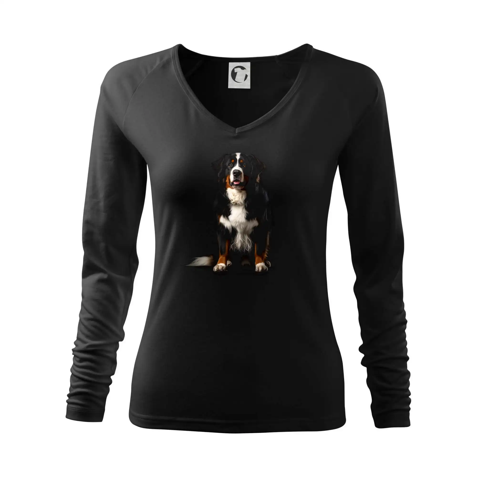 Bernský salašnícky pes na tričku - Bernský salašnícky pes sediaci čierna fotka - Tričko dámske Elegance