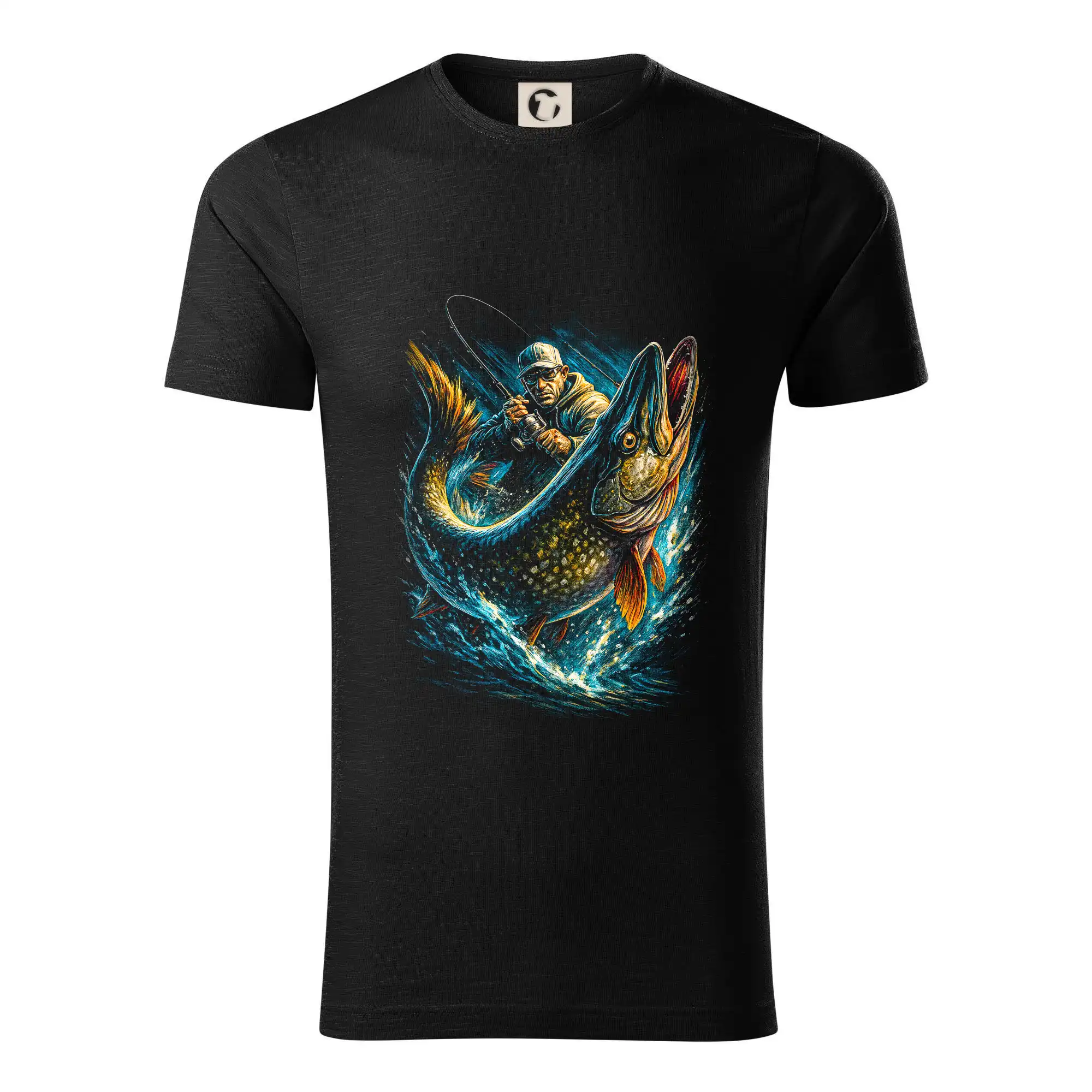 Tričká pre rybárov s potlačou - Rybár a obria ryba - Tričko z organickej bavlny