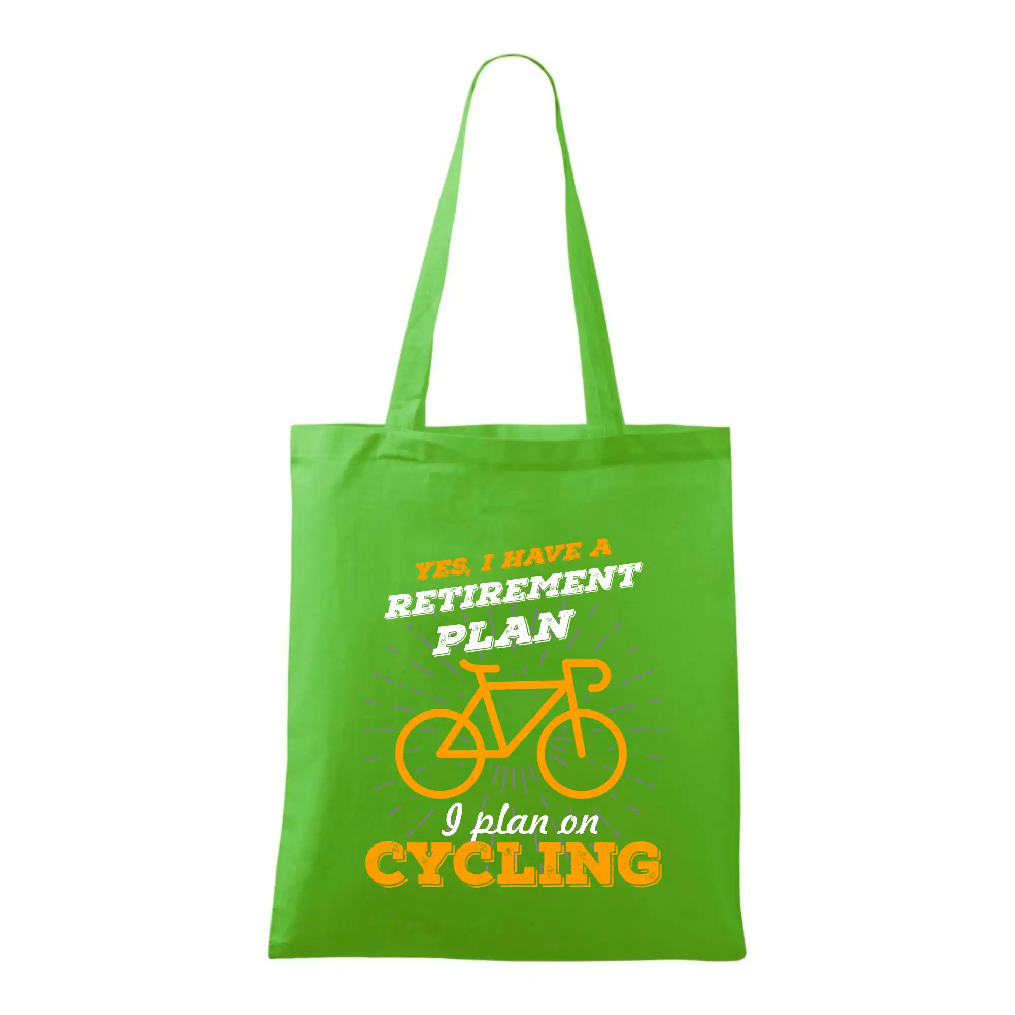 Tričko ako darček pre cyklistu - Oranžové koleso - Yes, I have a retirement plan, Aj plan on cycling - Taška bavlnená