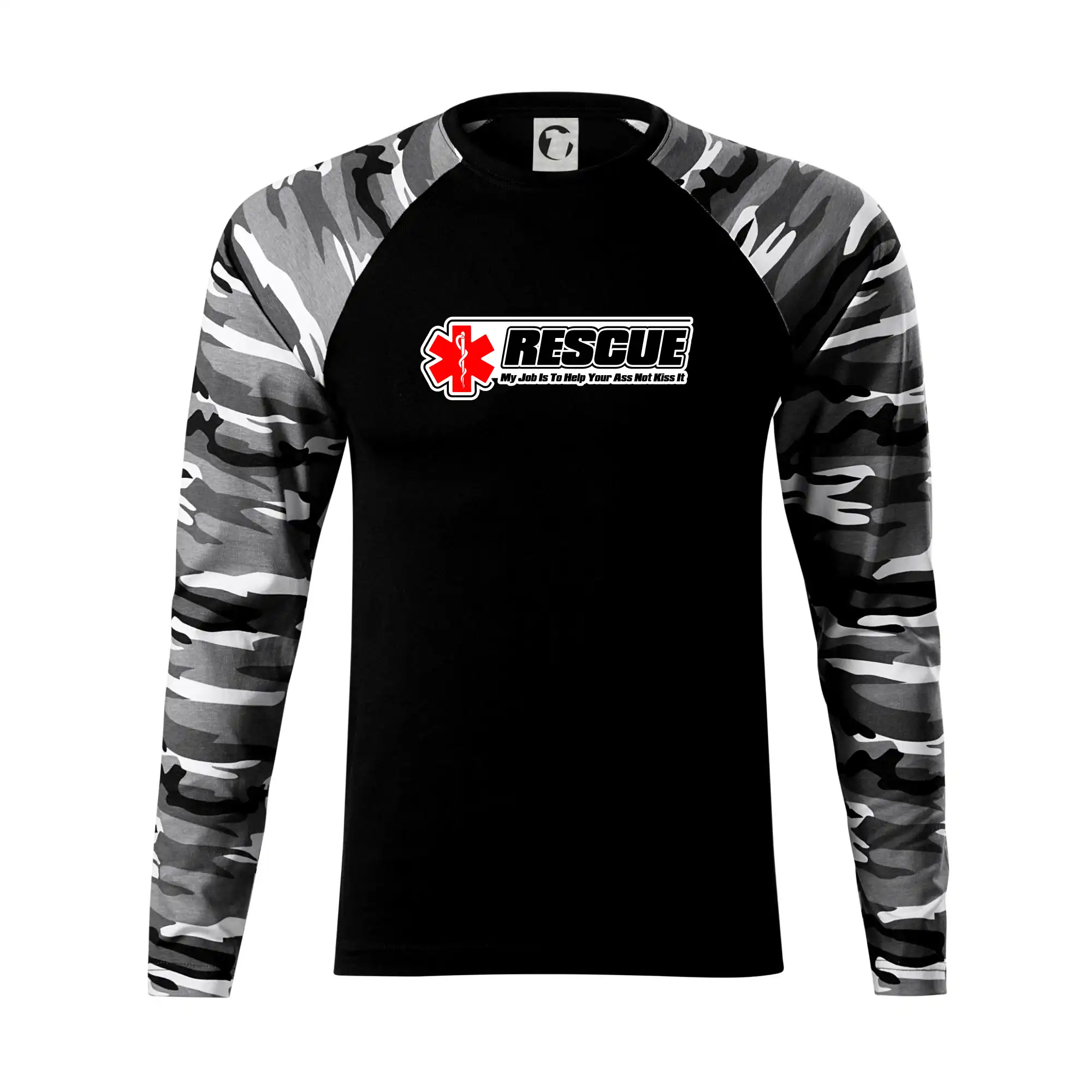 Tričká a mikiny pre záchranárov a lekárov - Kvalitné oblečenie pre zdravotníkov - Rescue My Job Is To Help Your Ass Not Kiss It - Camouflage LS