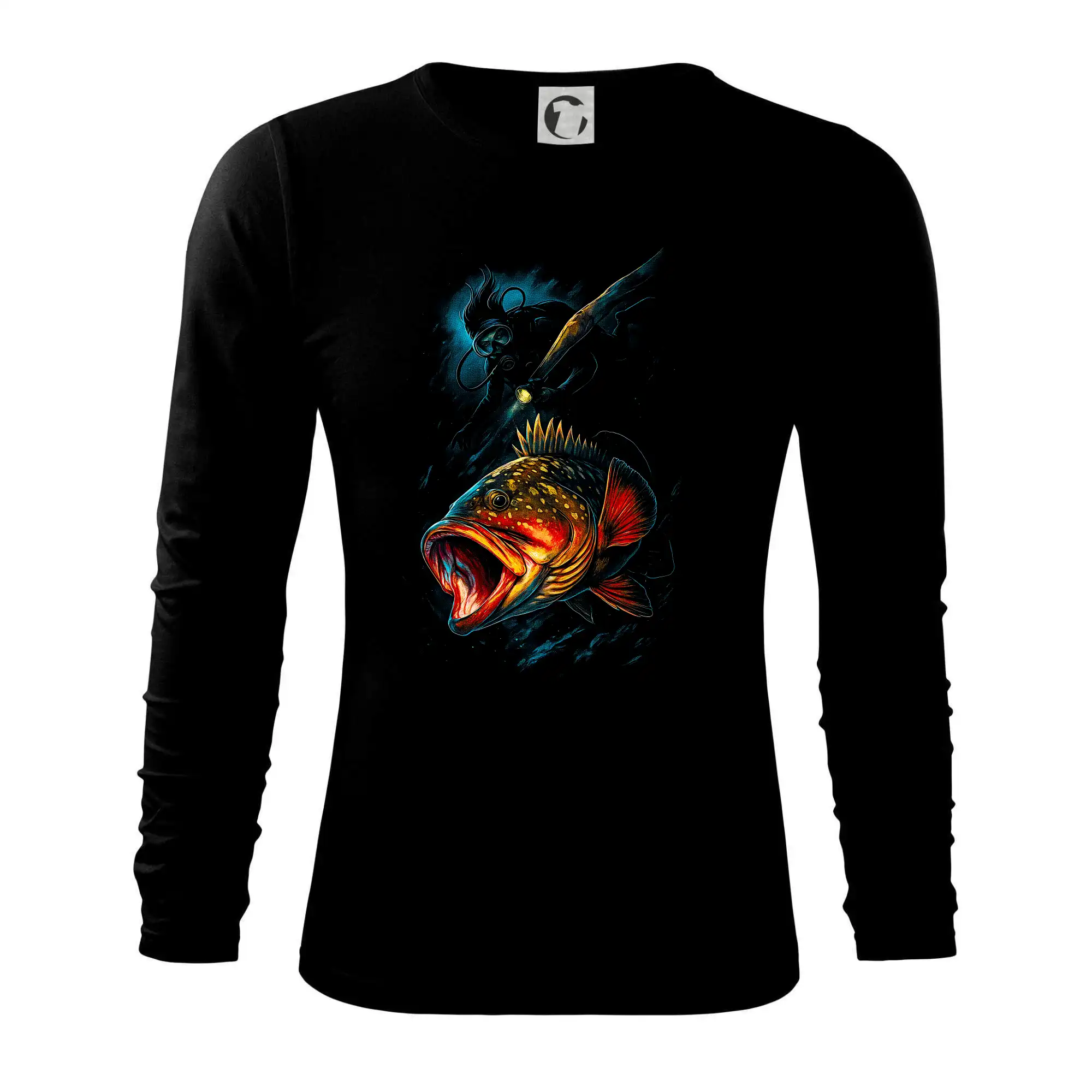 Tričká pre rybárov s potlačou - Ryba s otvorenou papuľou a potápač - Tričko s dlhým rukávom FIT-T long sleeve