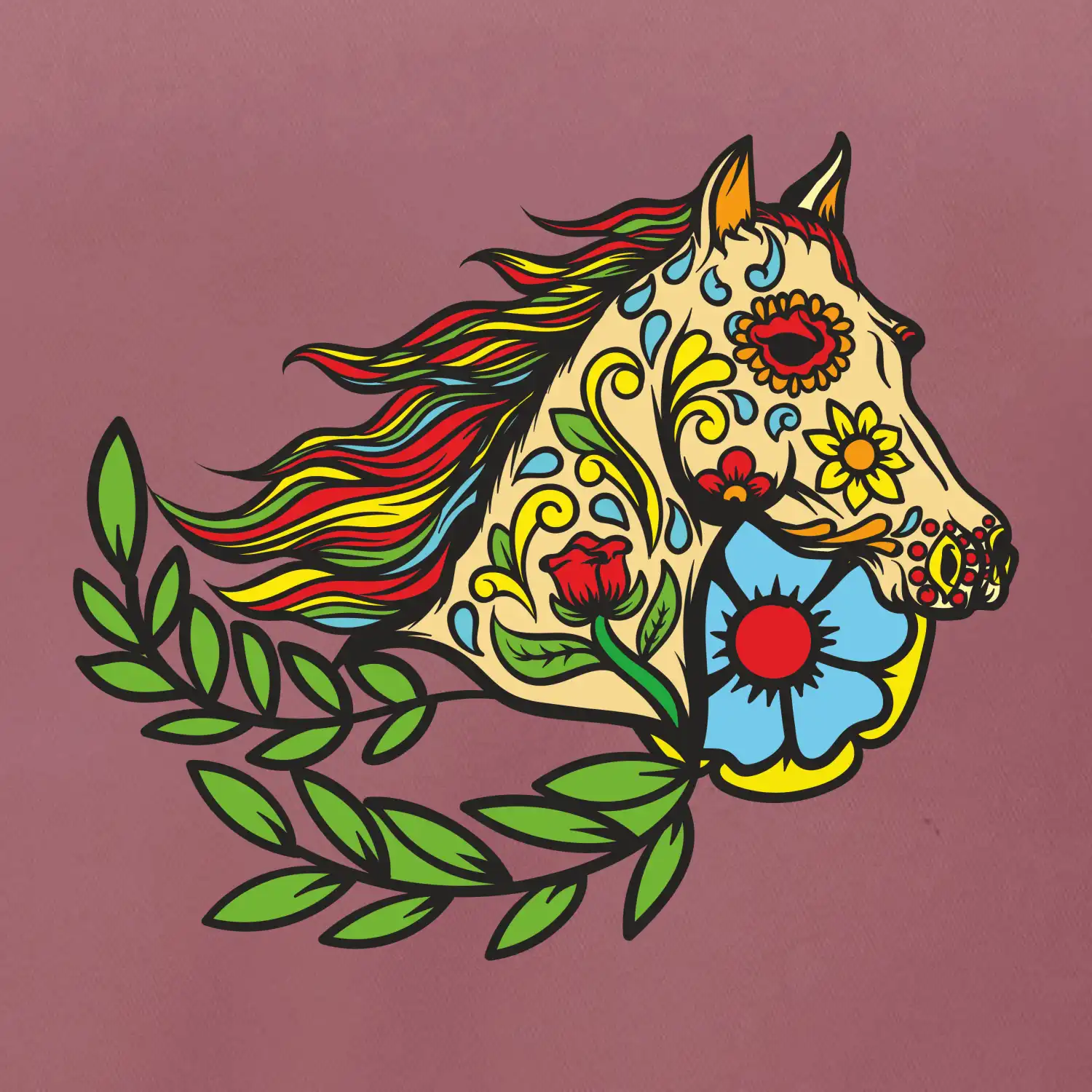 Kůň barevný s listy