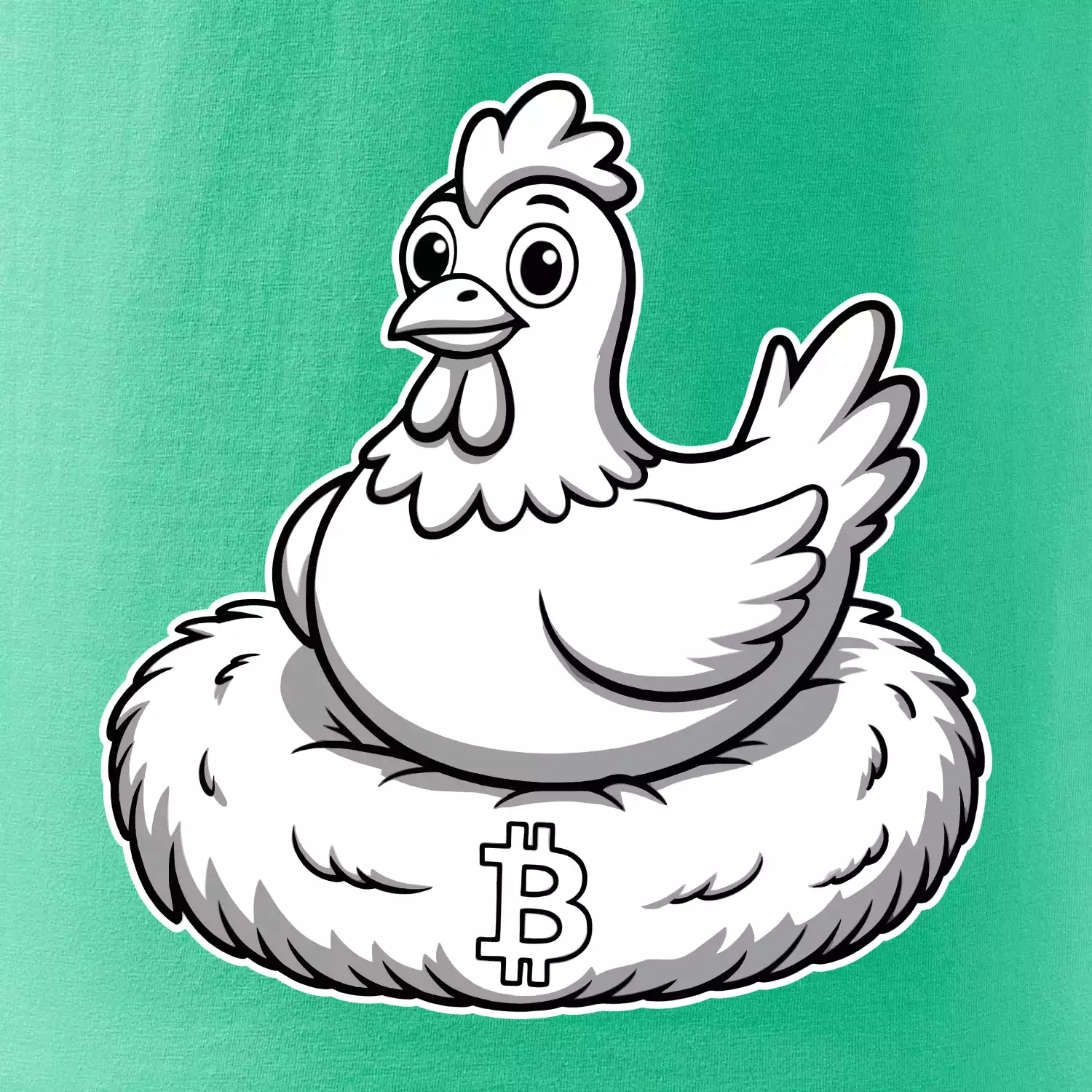Kuře sedící na bitcoinovém hnízdě