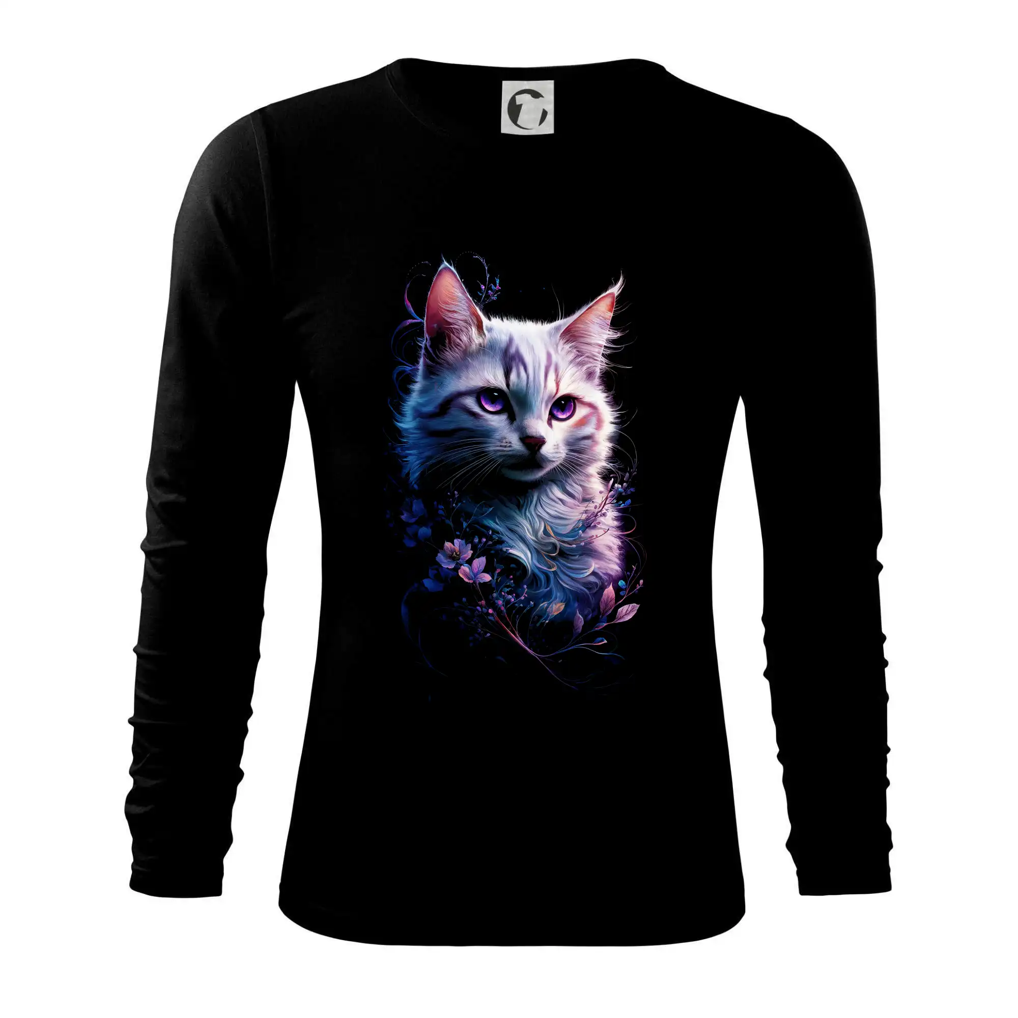 Vtipná tričká s mačkou - Biela mačka a kvety - Tričko s dlhým rukávom FIT-T long sleeve